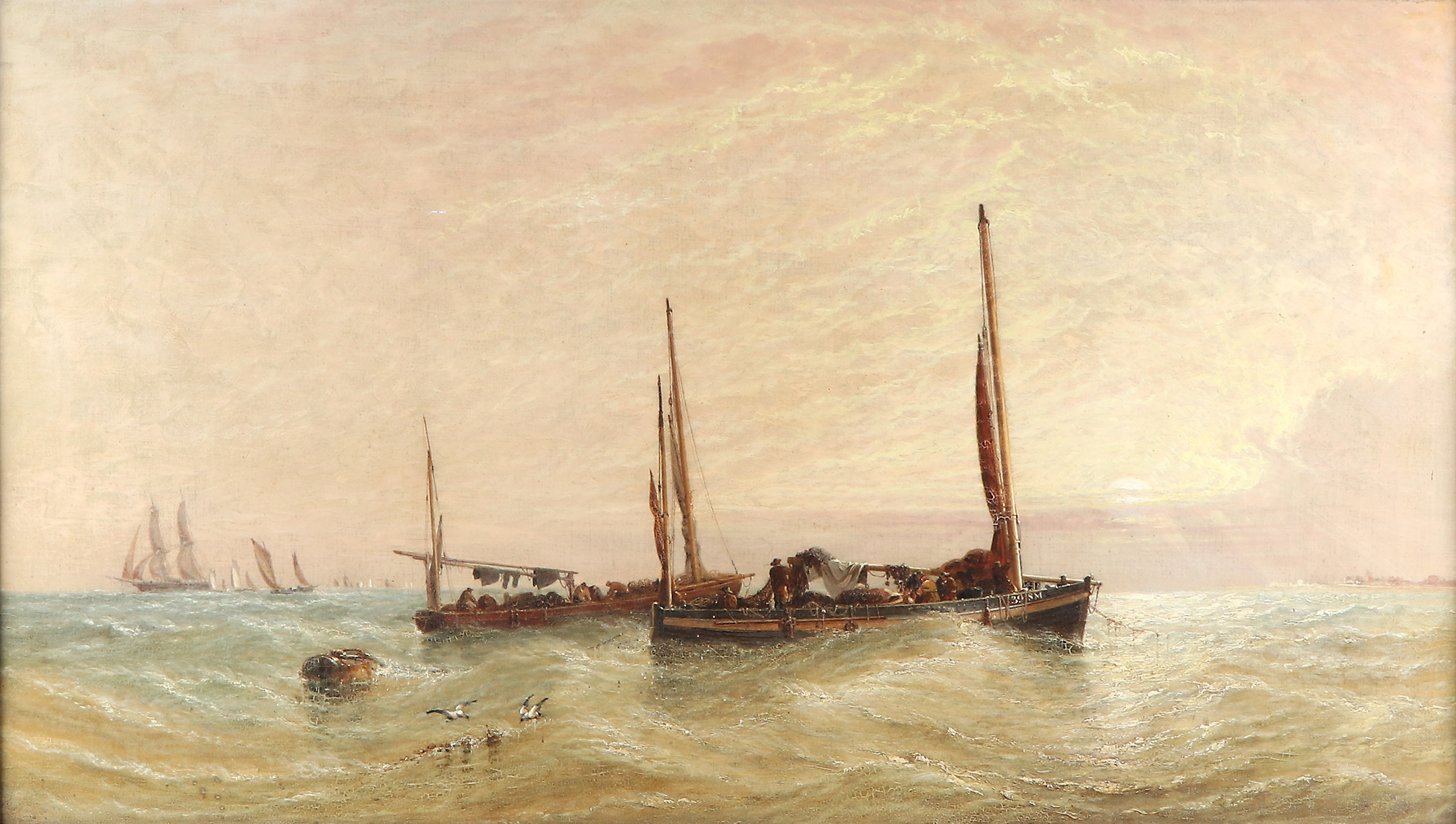 ARTHUR JOSEPH MEADOWS (1843-1907). Oljemålning på duk. Svagt signerad i nedre vänster hörn. Segelbåtar med fiskare till havs.