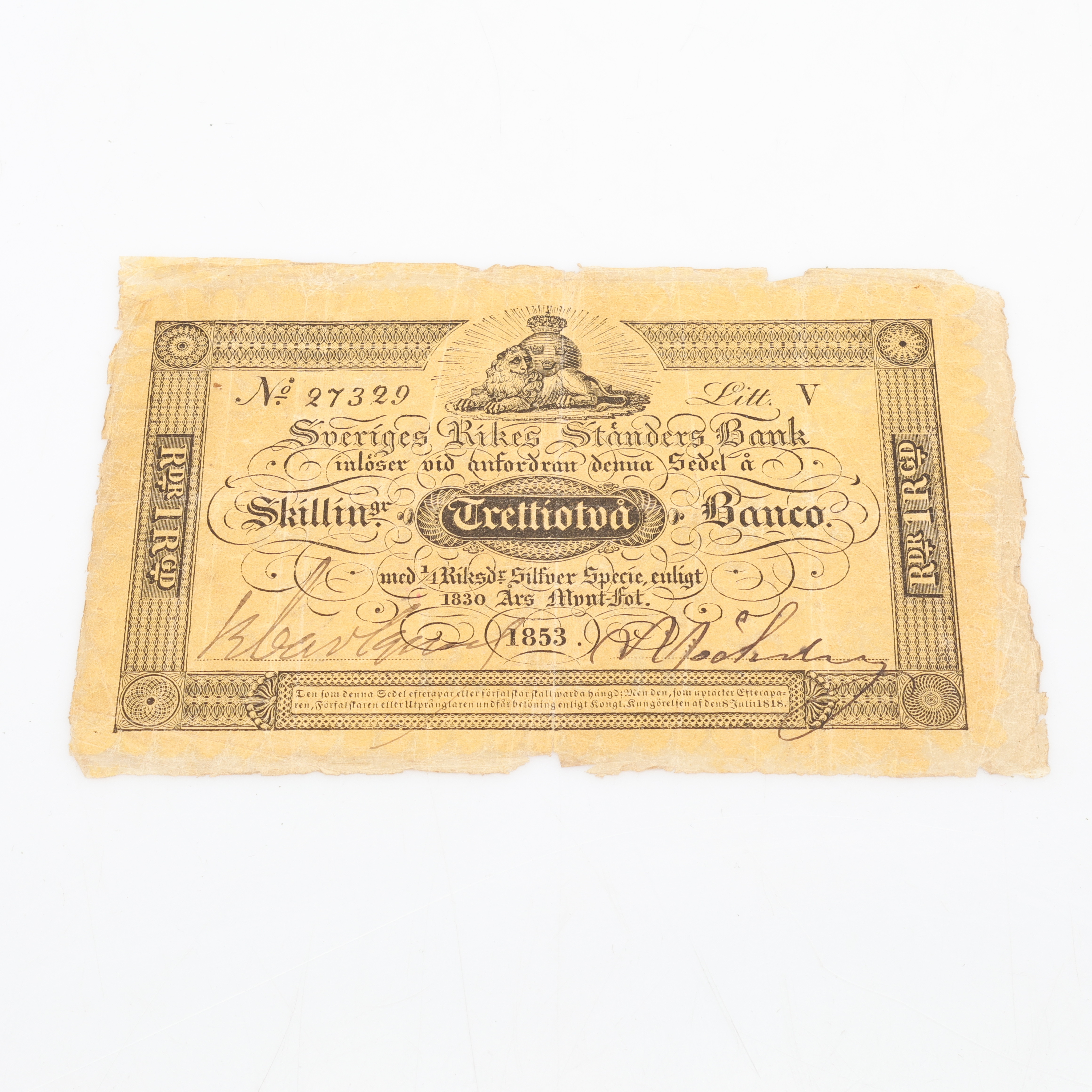 VALÖR/SEDEL. Sveriges Rikes Städers Bank, 32 skillingar Banco, 1853.