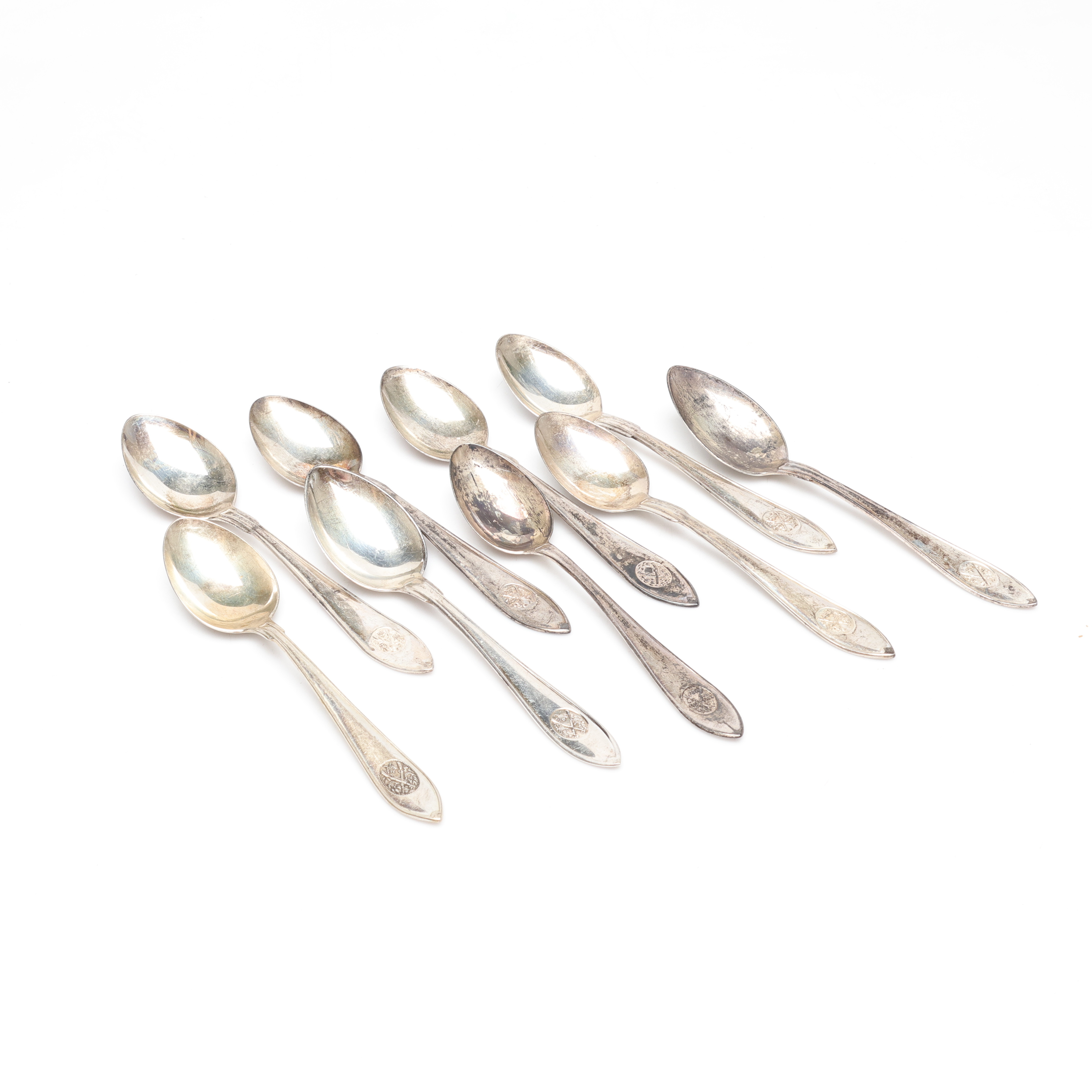 KAFFESKEDAR, 9st, silver, modell "Skytte", b.l.a sterlinsilver, vikt ca 150gram.