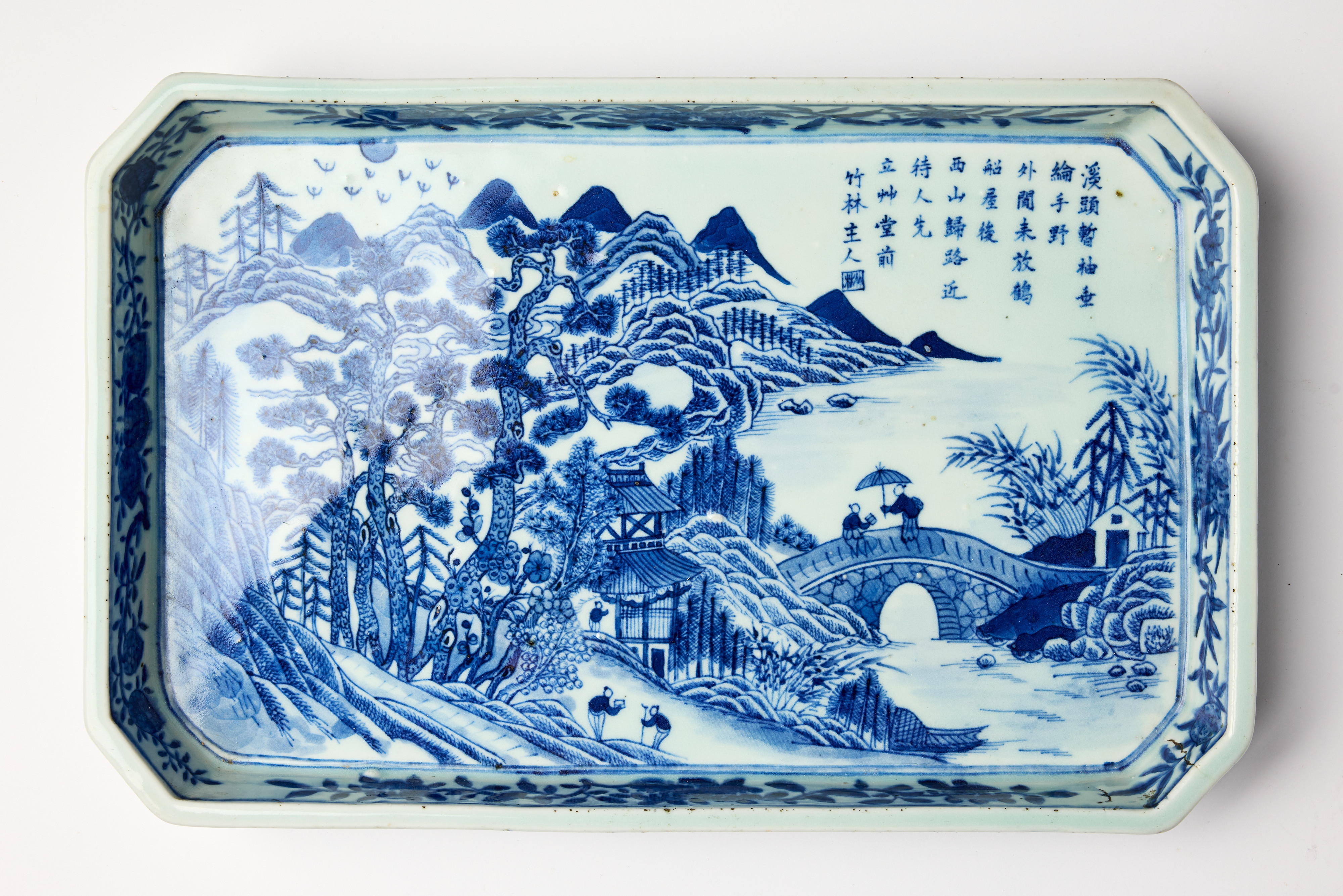 A Chinese Inscribed Blue and White `Landscape´ Tray.