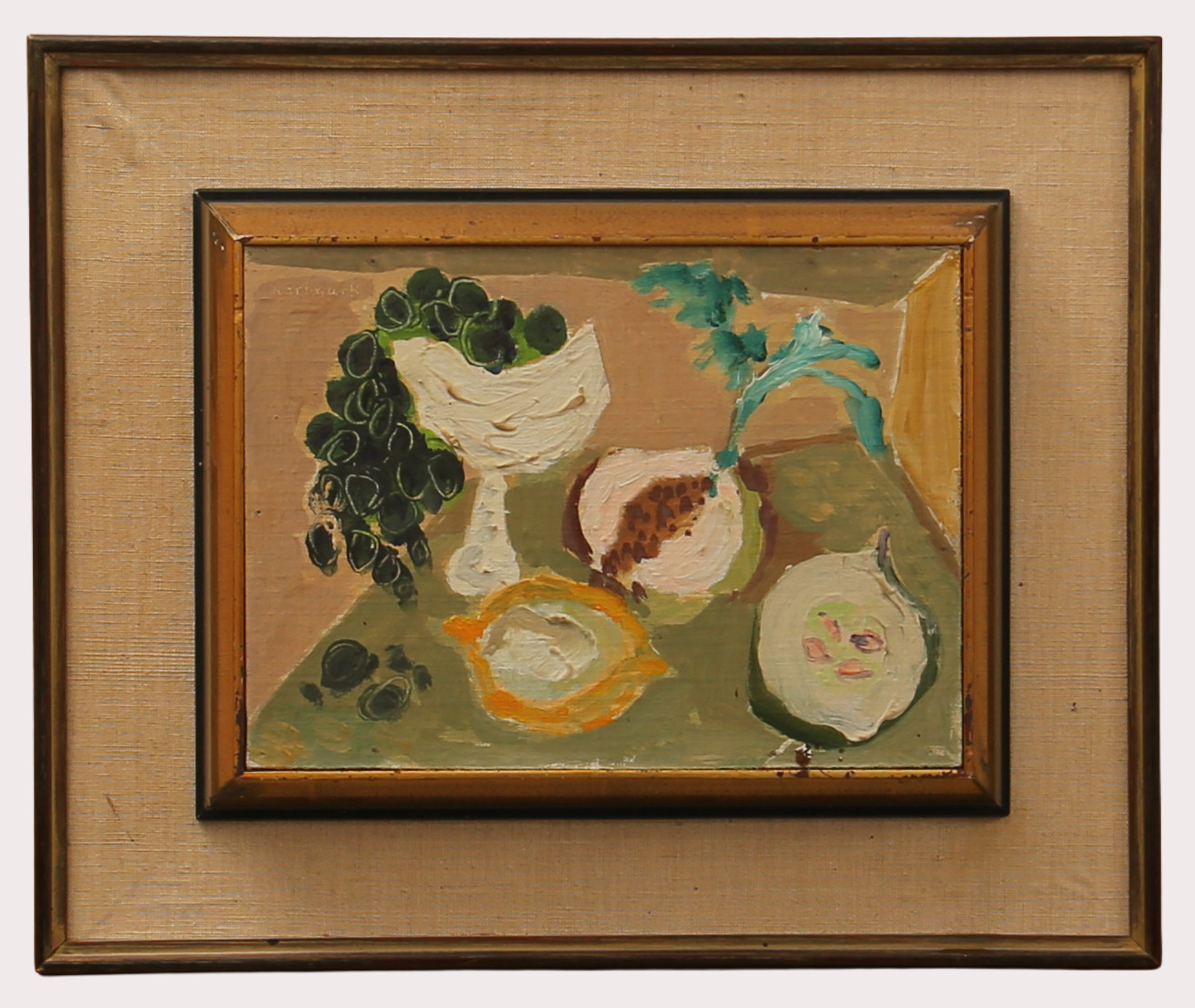 GERHARD KARLMARK. Olja på pannå, "Skörd av frukt" , signerad Karlmark.