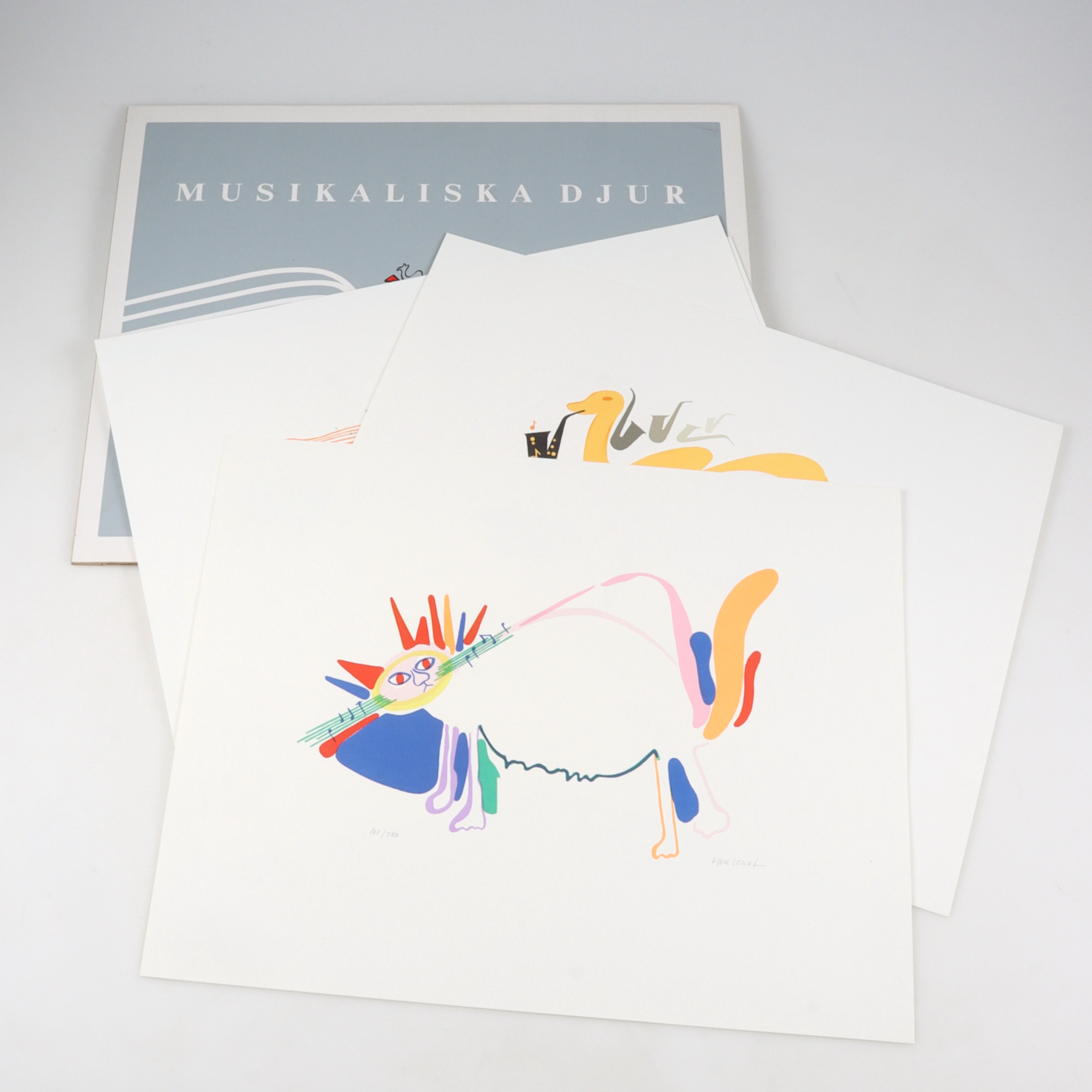 KJELL LÖNNÅ. "Musikaliska djur", mapp 4 st litografier, signerade och numrerade 161/280.