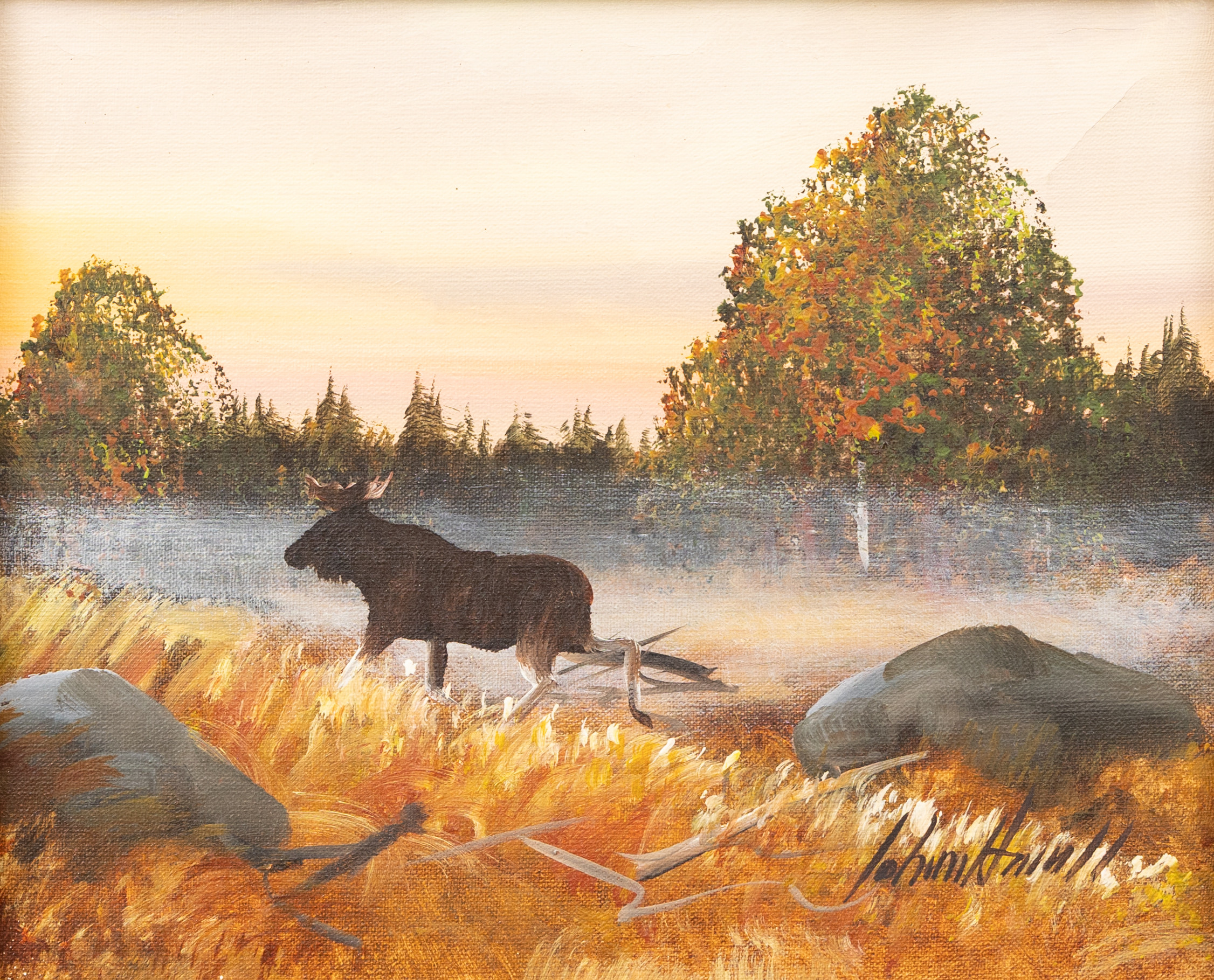 JOHAN ARWALL. Älg i morgondimma, olja på duk, signerad.