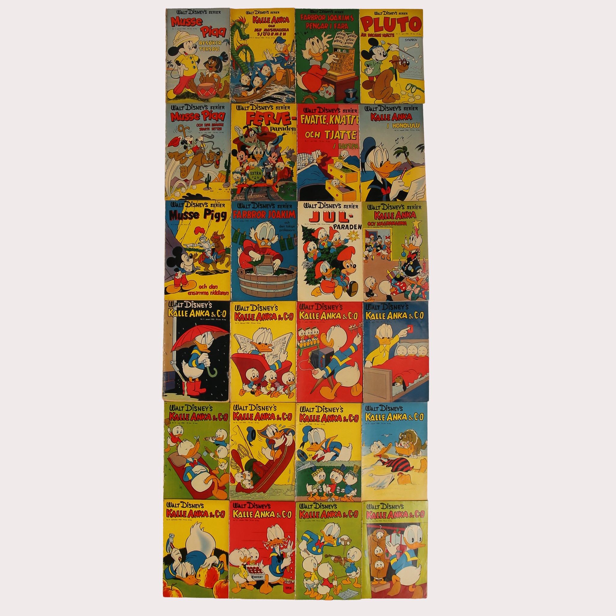 KALLE ANKA tidningar nr 1-12 år 1955. DISNEY SERIER nr 1-12. 1955, totalt 24 st.