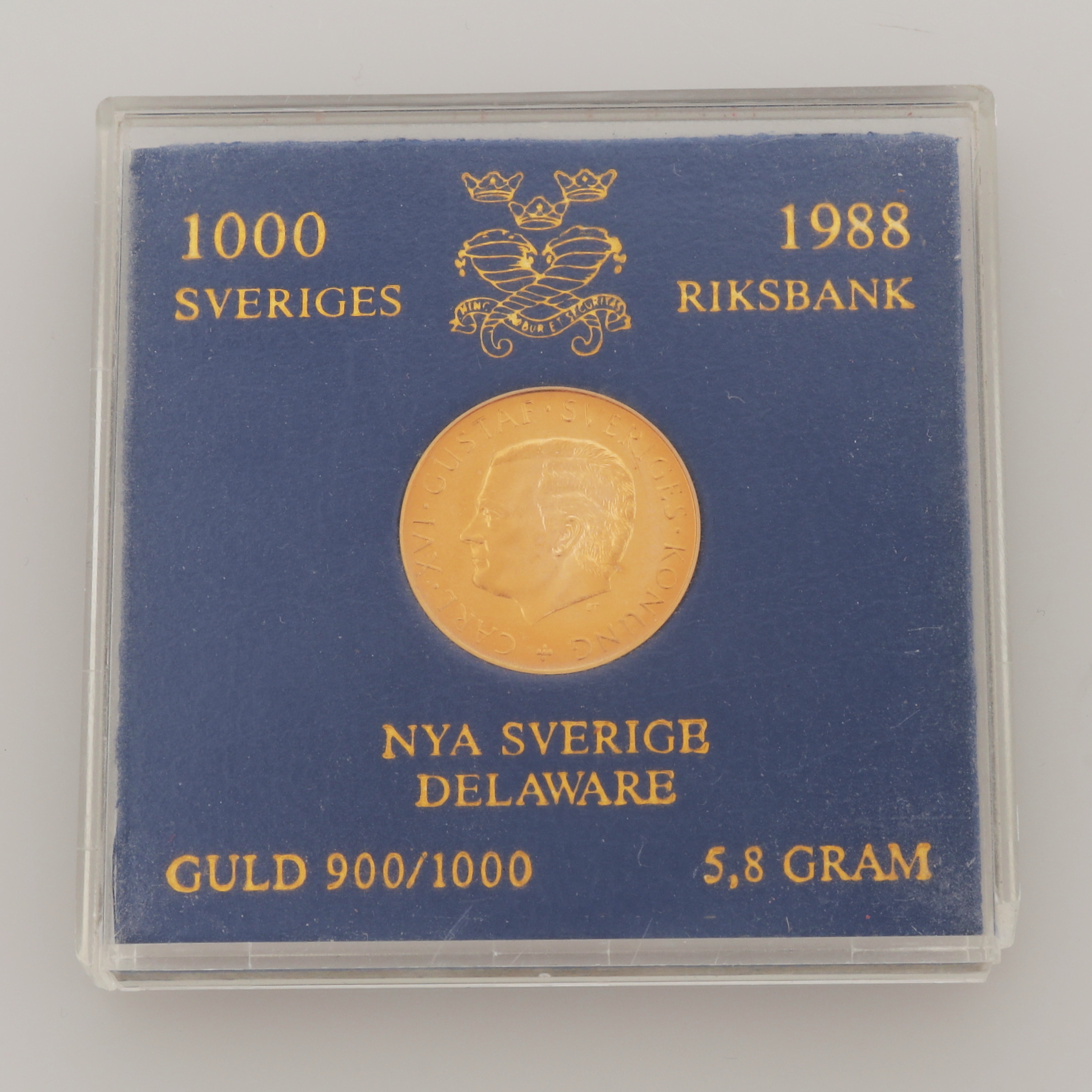 GULDMYNT, 21,6K, 1000 kr, Nya Sverige Delaware, 1988, vikt 5,8 gram.