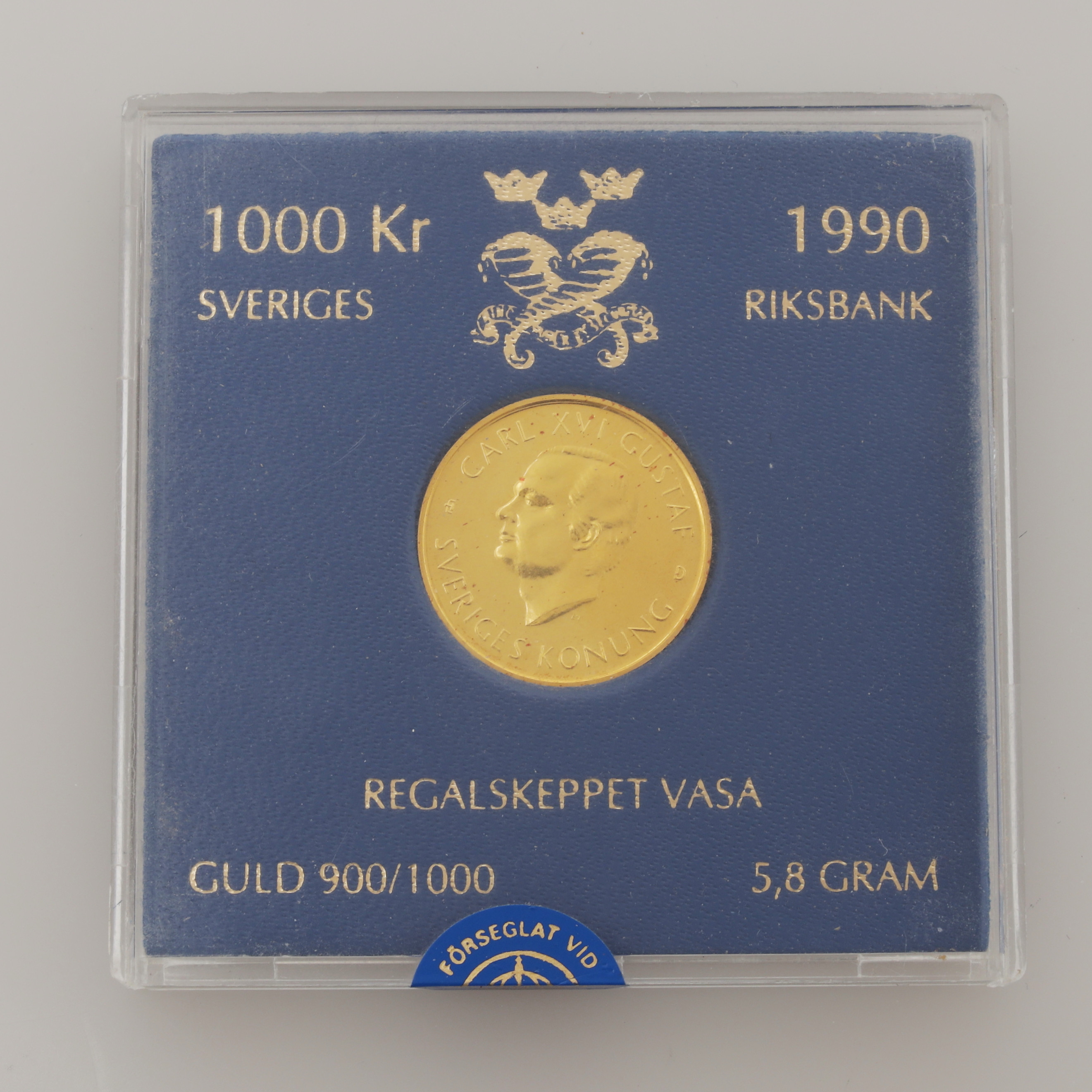 GULDMYNT, 21,6K, 1000 kr, Regalskeppet Vasa, 1990, vikt 5,8 gram.