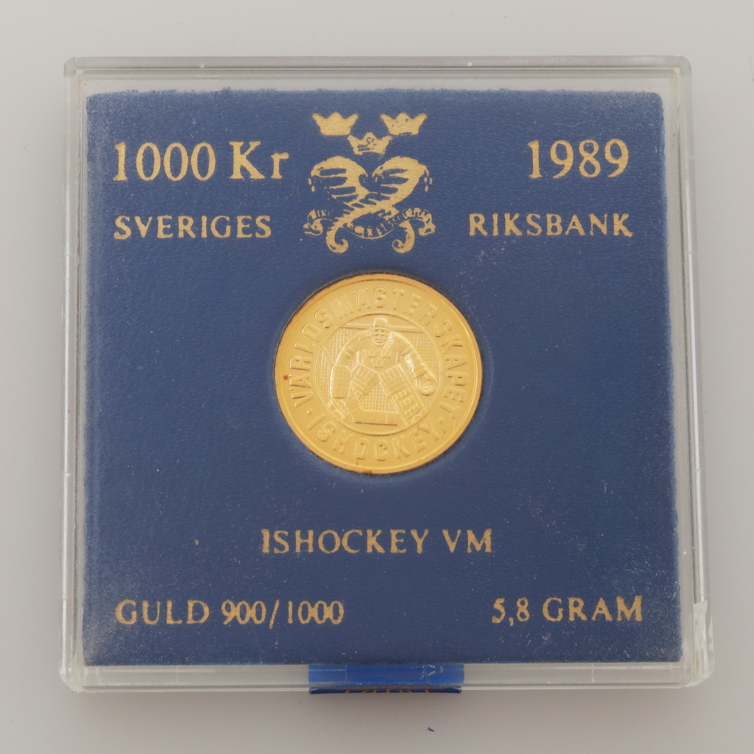 GULDMYNT, 21,6K, 1000 kr, Ishockey VM, 1989, vikt 5,8 gram.