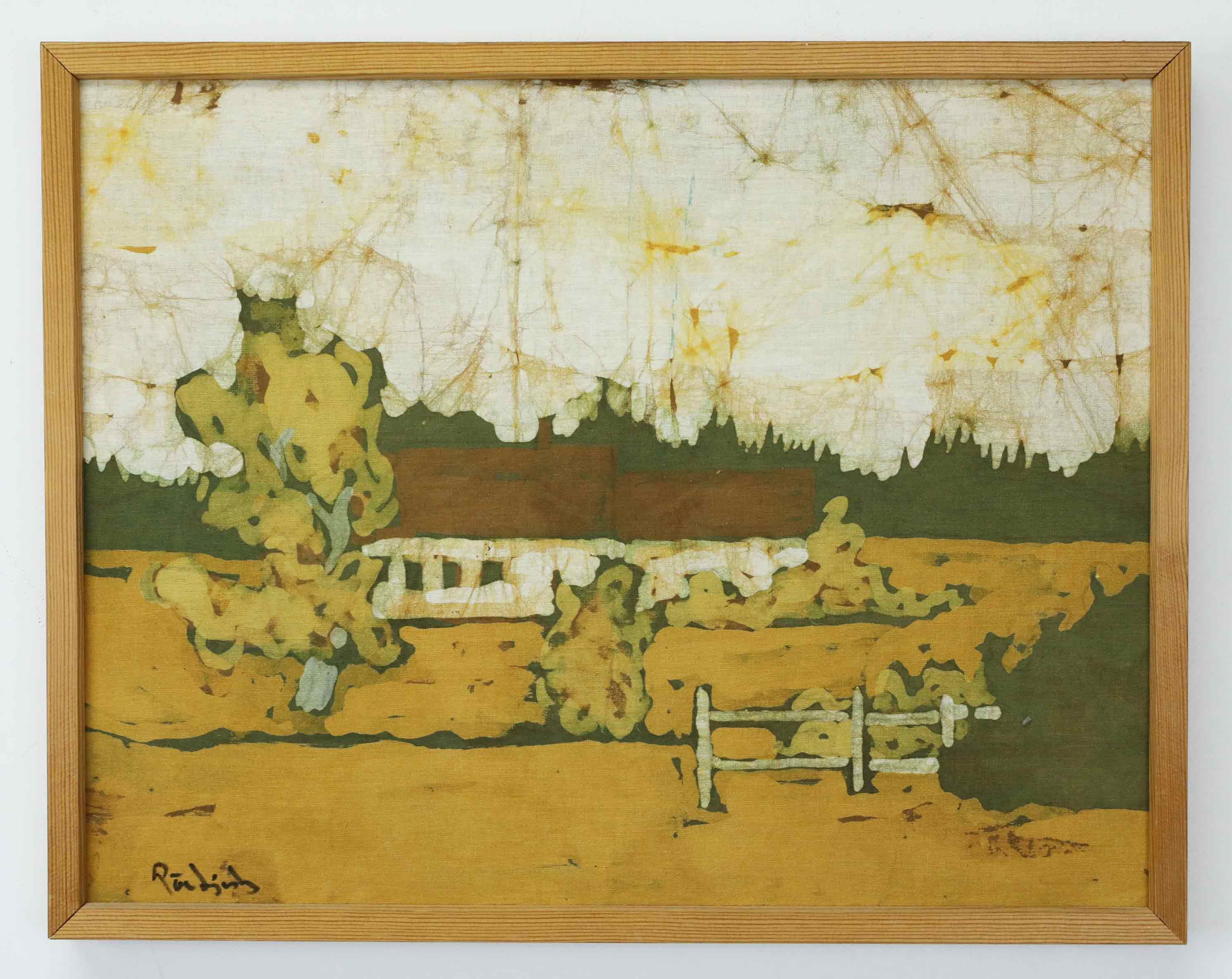 PÄR LJUSBERG. Batik, hus bakom träd, signerad.