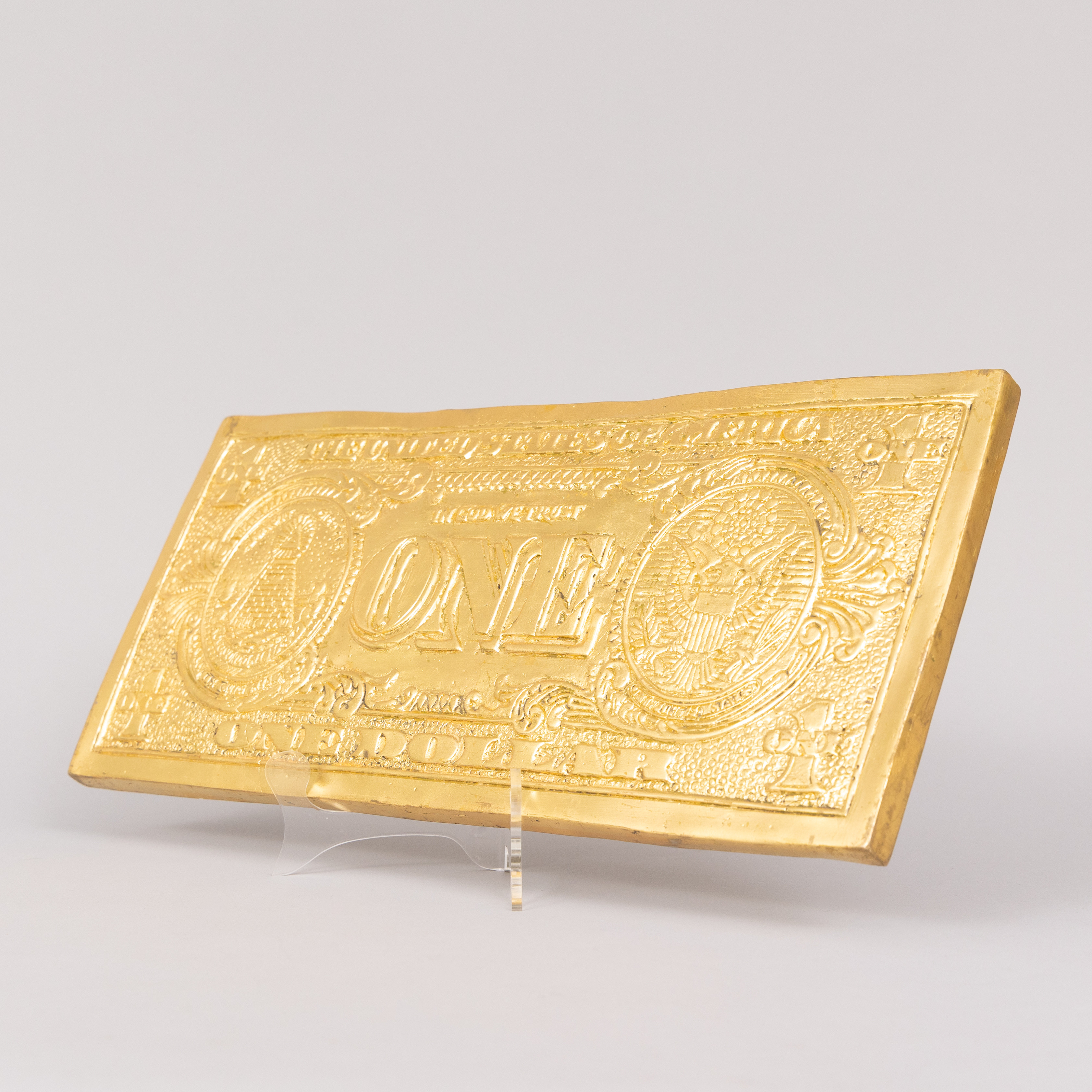 ANDREAS WARGENBRANT. Relief, "My first dollar", 24 karat bladguld på patinerad brons, handsignerad och daterad 2023.