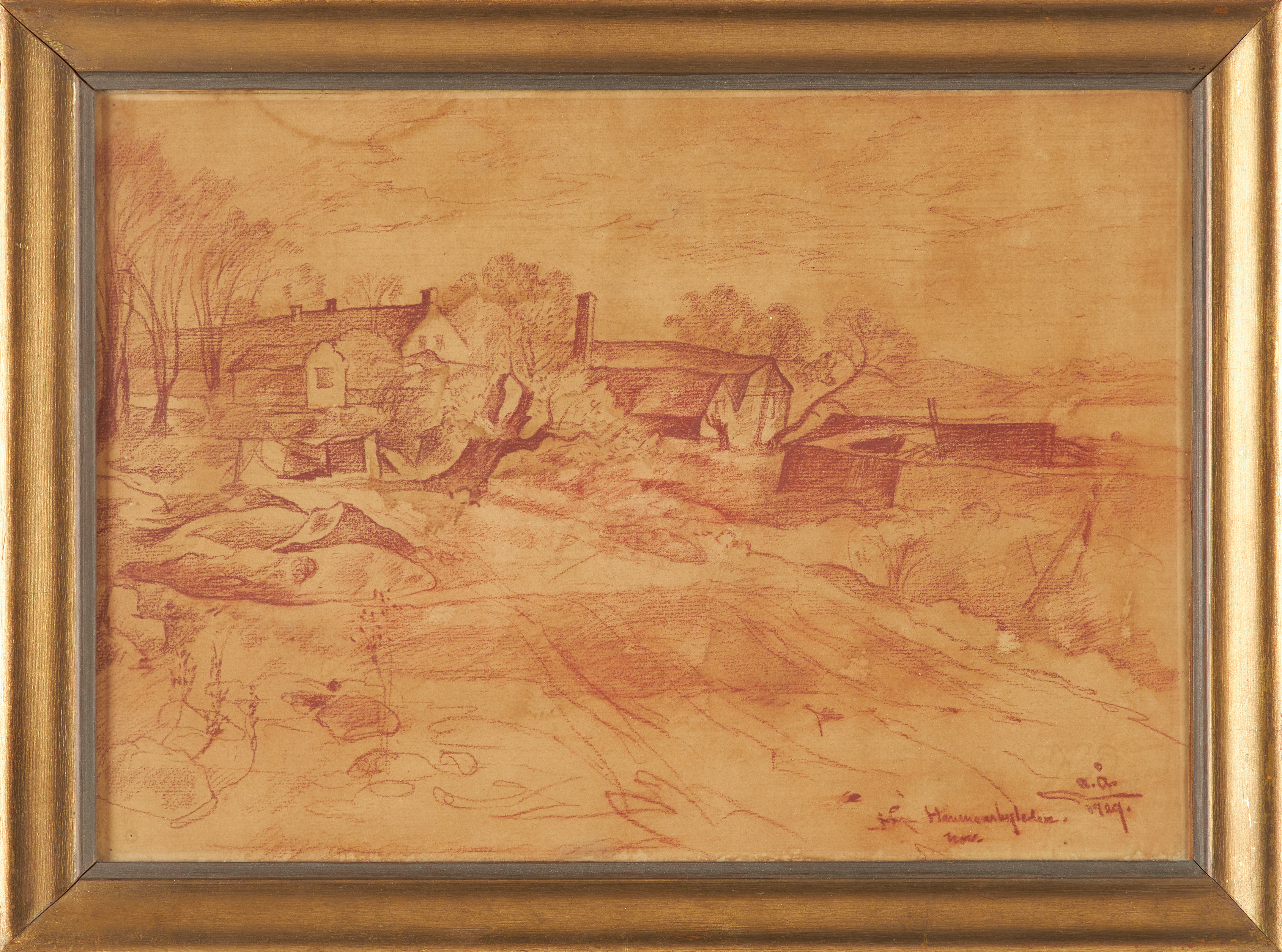 ACKE ÅSLUND. Gård, vy från Hammarbyleden, rödkrita, monogramsignerad, daterad 1929.