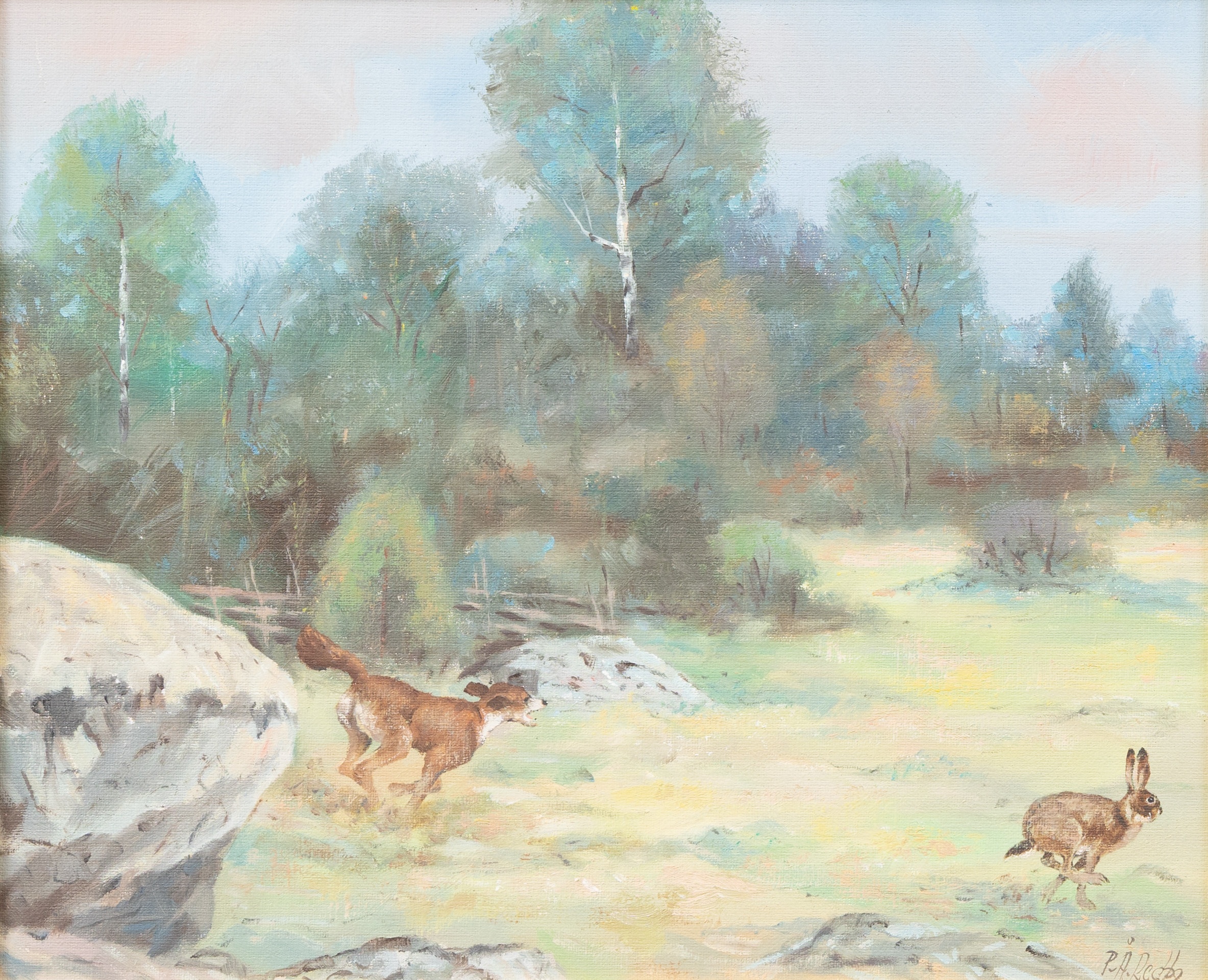 PER ÅKE REDBO (1924–2008). Hundjakt på hare, olja på duk, signerad.
