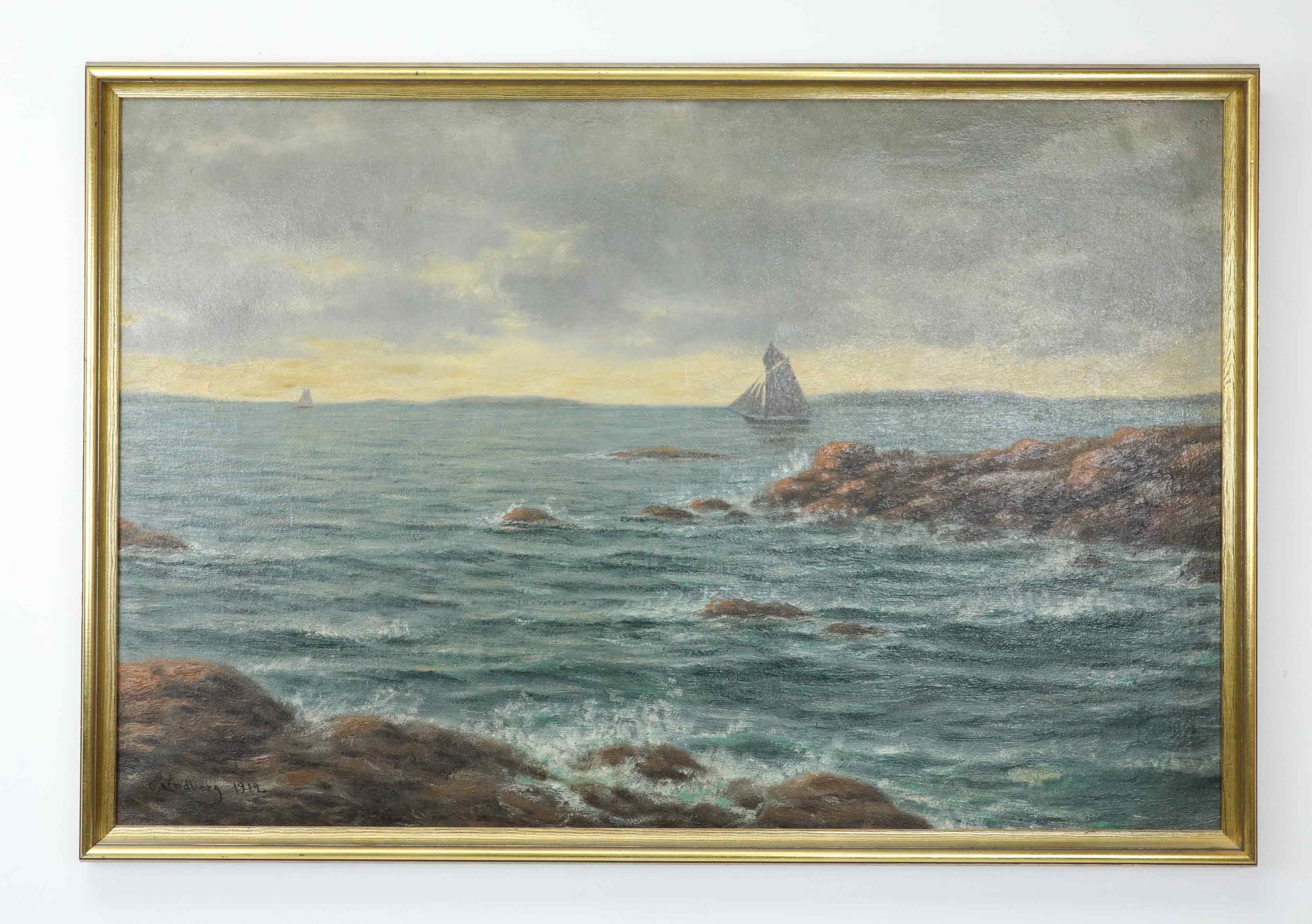 OTTO LINDBERG (SVERIGE 1880-1955). Olja på duk, segelbåtar i solnedgång, signerad, daterad 1912.