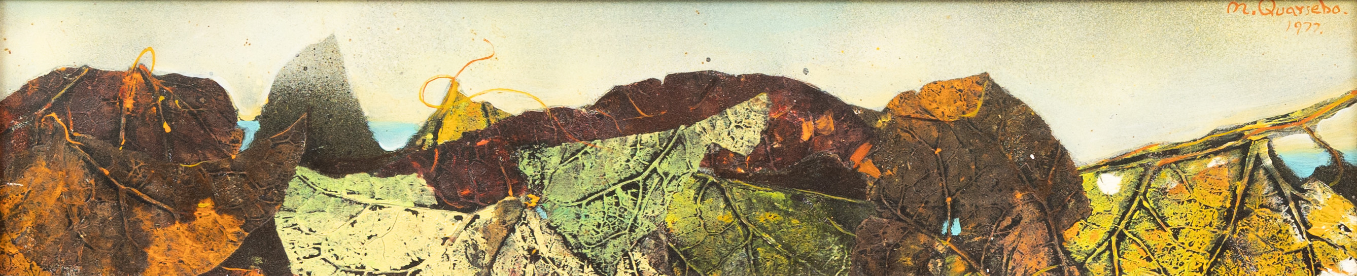 MICHAEL QVARSEBO. "Visionärt landskap", olja på pannå, signerad och daterad 1977.