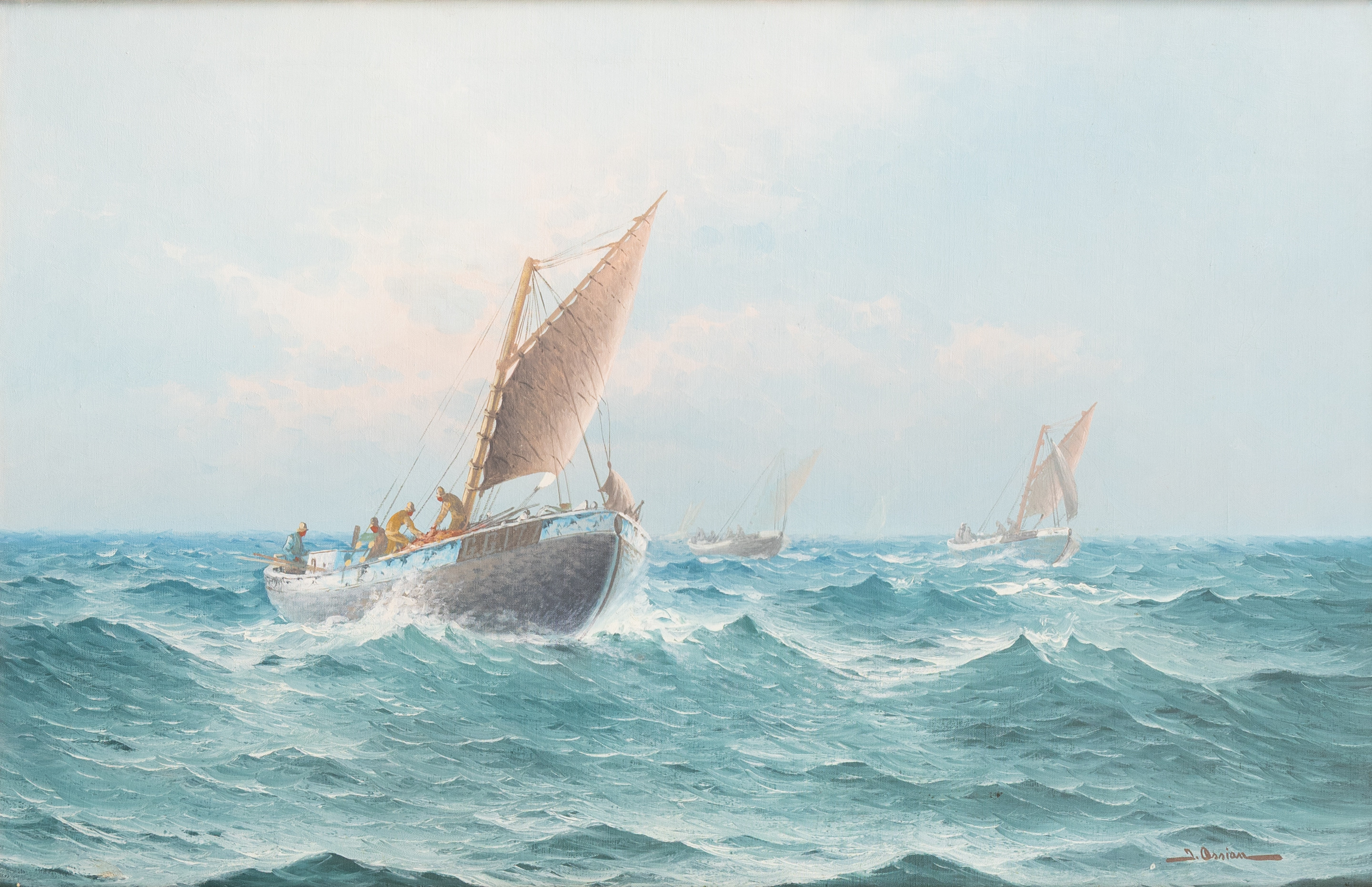 JOHAN OSSIAN-ANDERSSON. Fiskebåtar till havs, olja på duk, signerad.