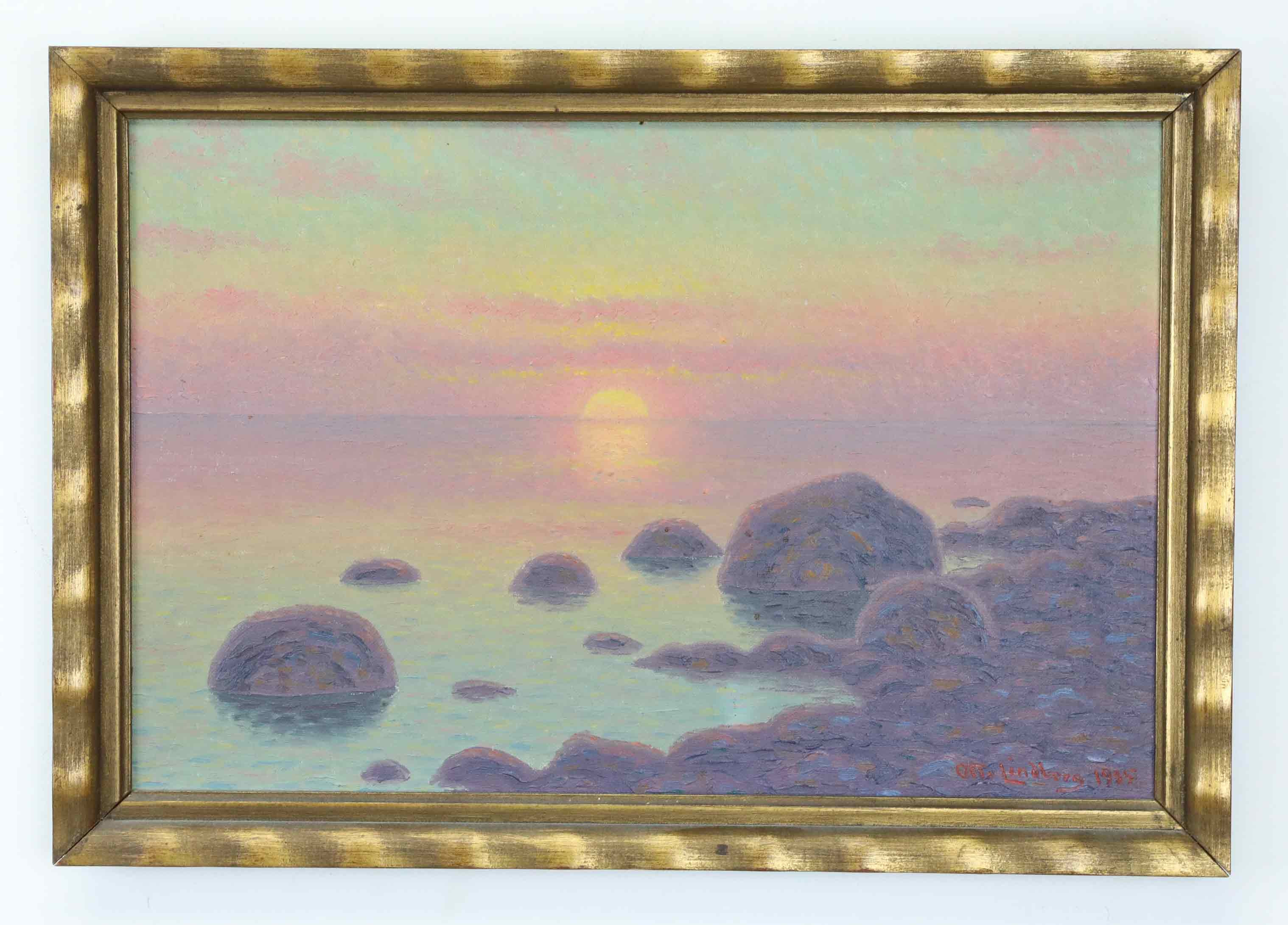 OTTO LINDBERG (SVERIGE 1880-1955). Olja på pannå, solnedgång, rosa himmel, signerad, daterad 1935.