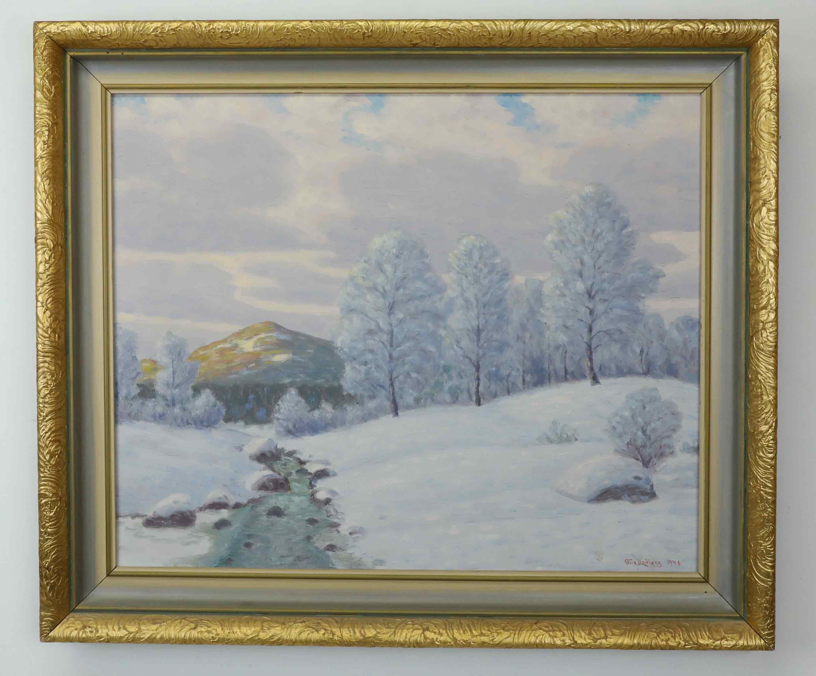 OTTO LINDBERG (SVERIGE 1880-1955). olja på duk, vinterlandskap, bäck, rosa sken, signerad, daterad 1946.