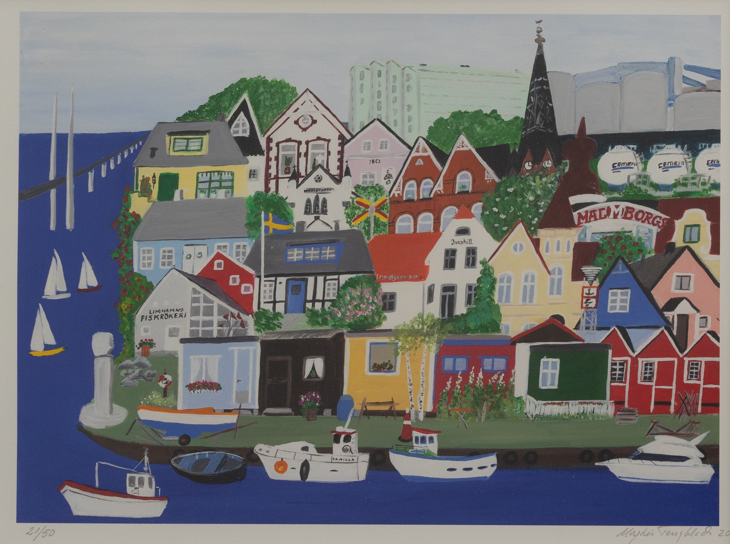 MAJ-LIS TENGBLAD. Motiv från Limhamn, färglitografi, signerad och numrerad 21/50.