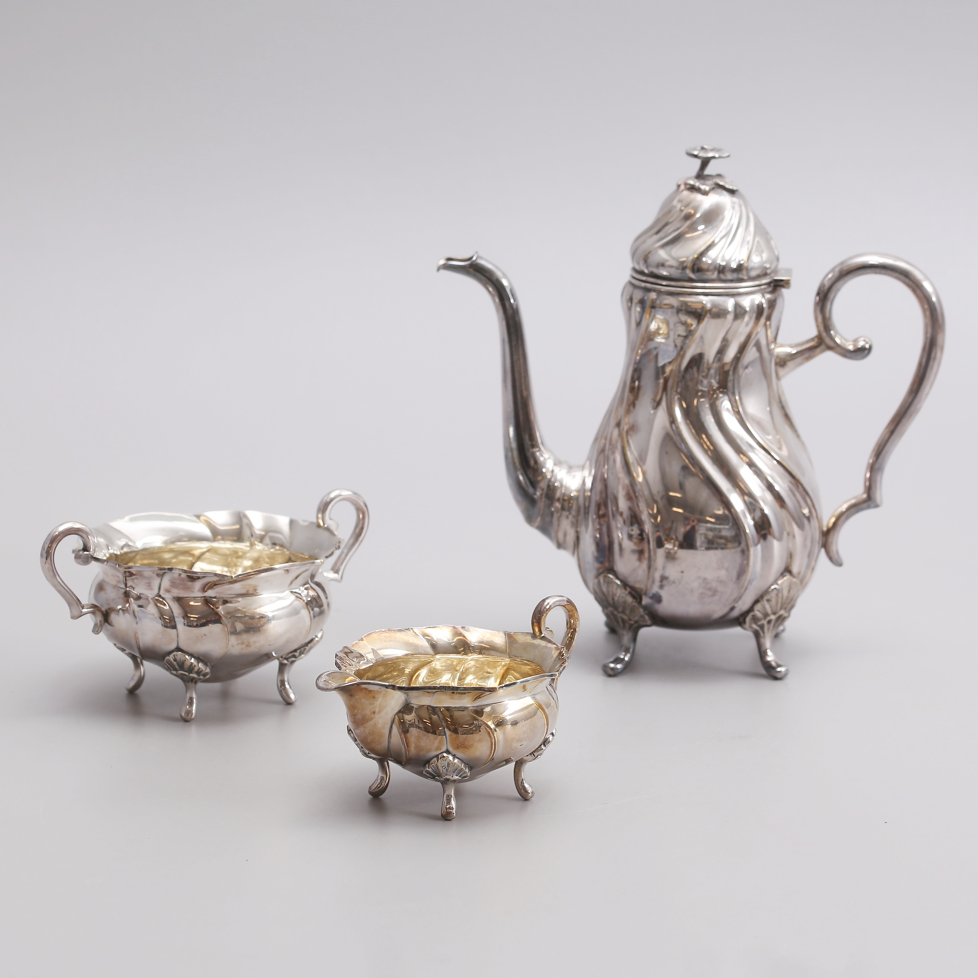 KAFFESERVIS, 3 delar, rokokostil, nysilver.