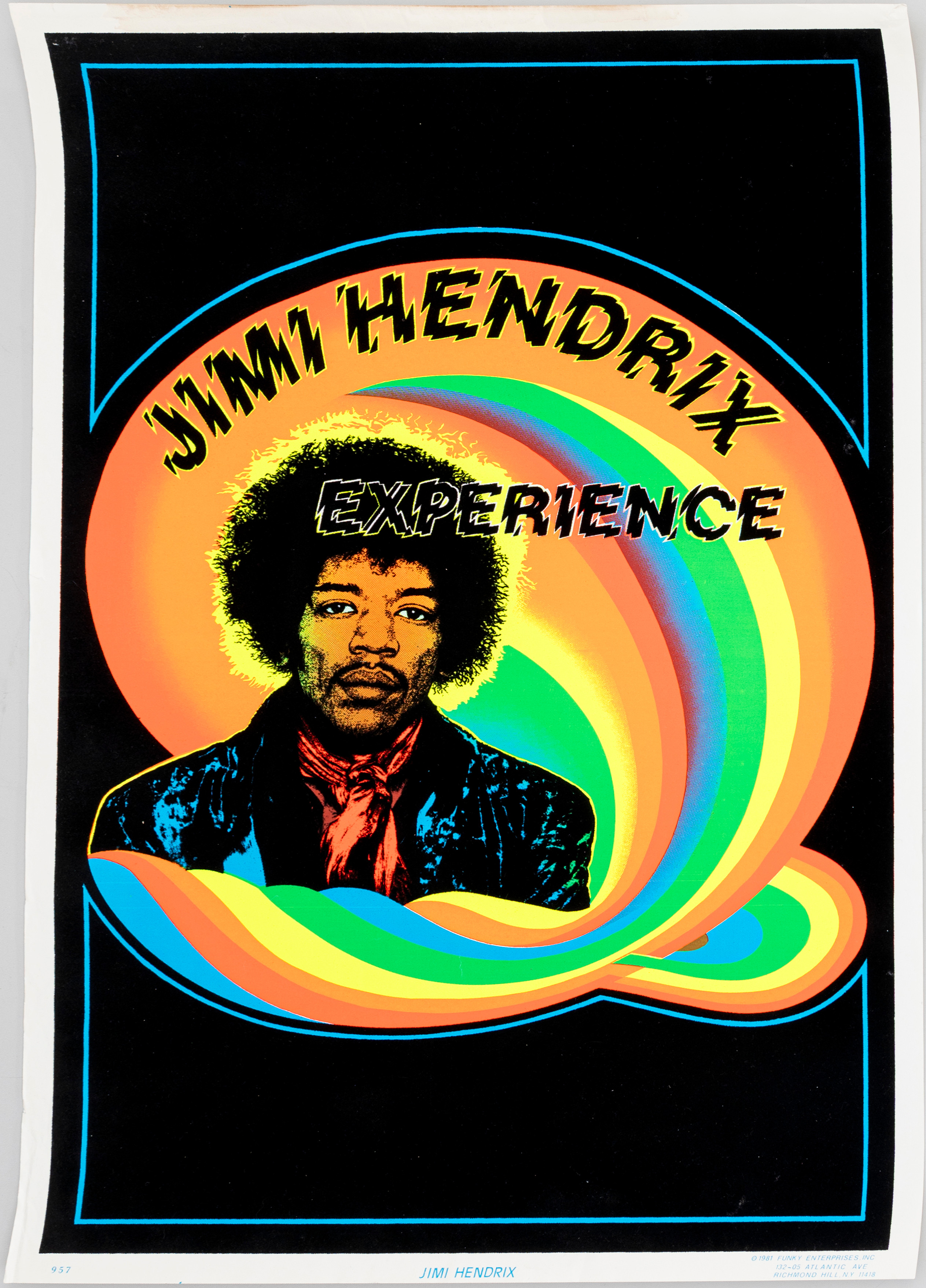 AFFISCH, "Jimi Hendrix Experience", delvis litografiskt tryck med sammetsinslag, Funky Enterprices Inc., nr 957, 1981.