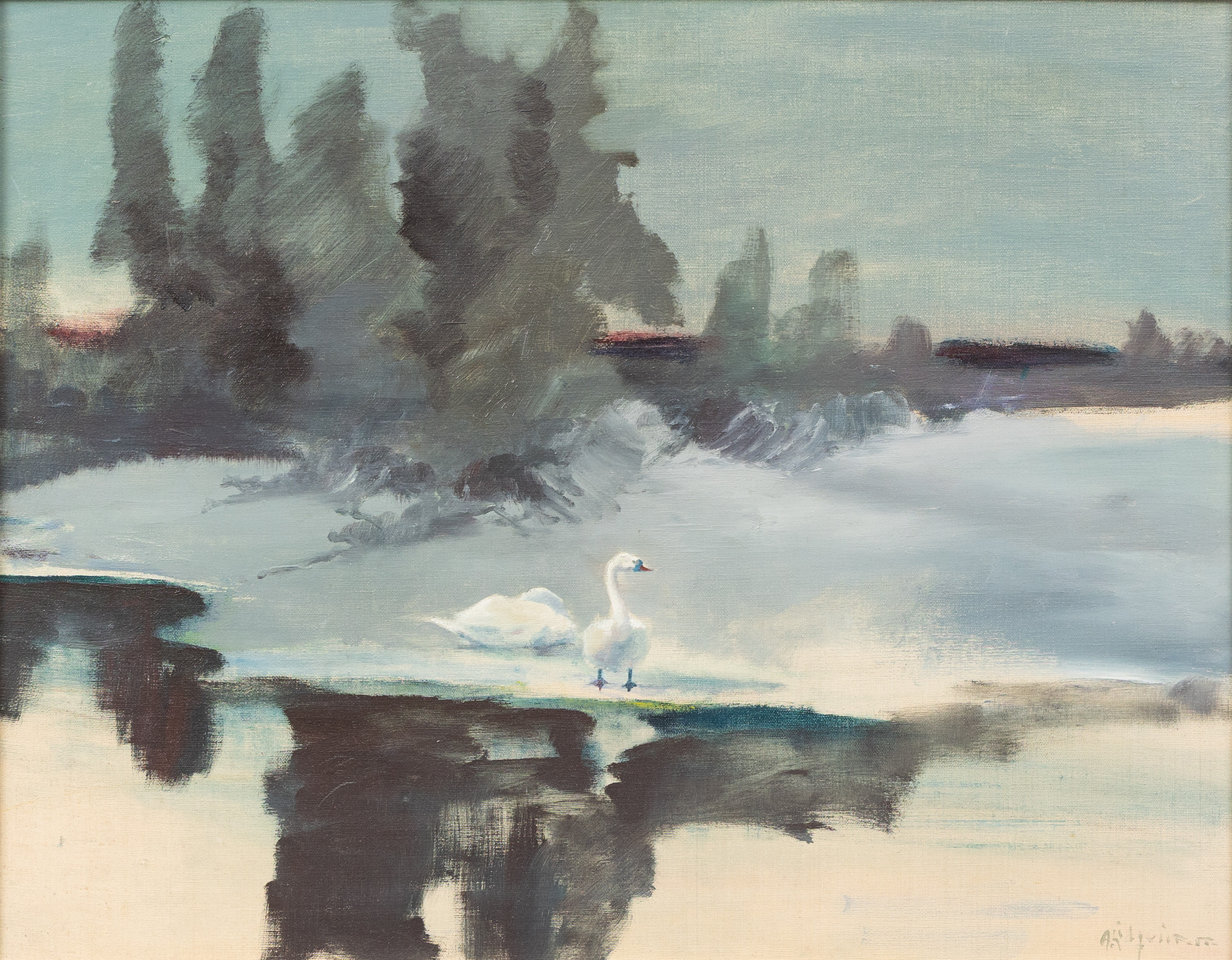 ARNE LIDQVIST (1919–1975). Svanar vatten, olja på duk, signerad.
