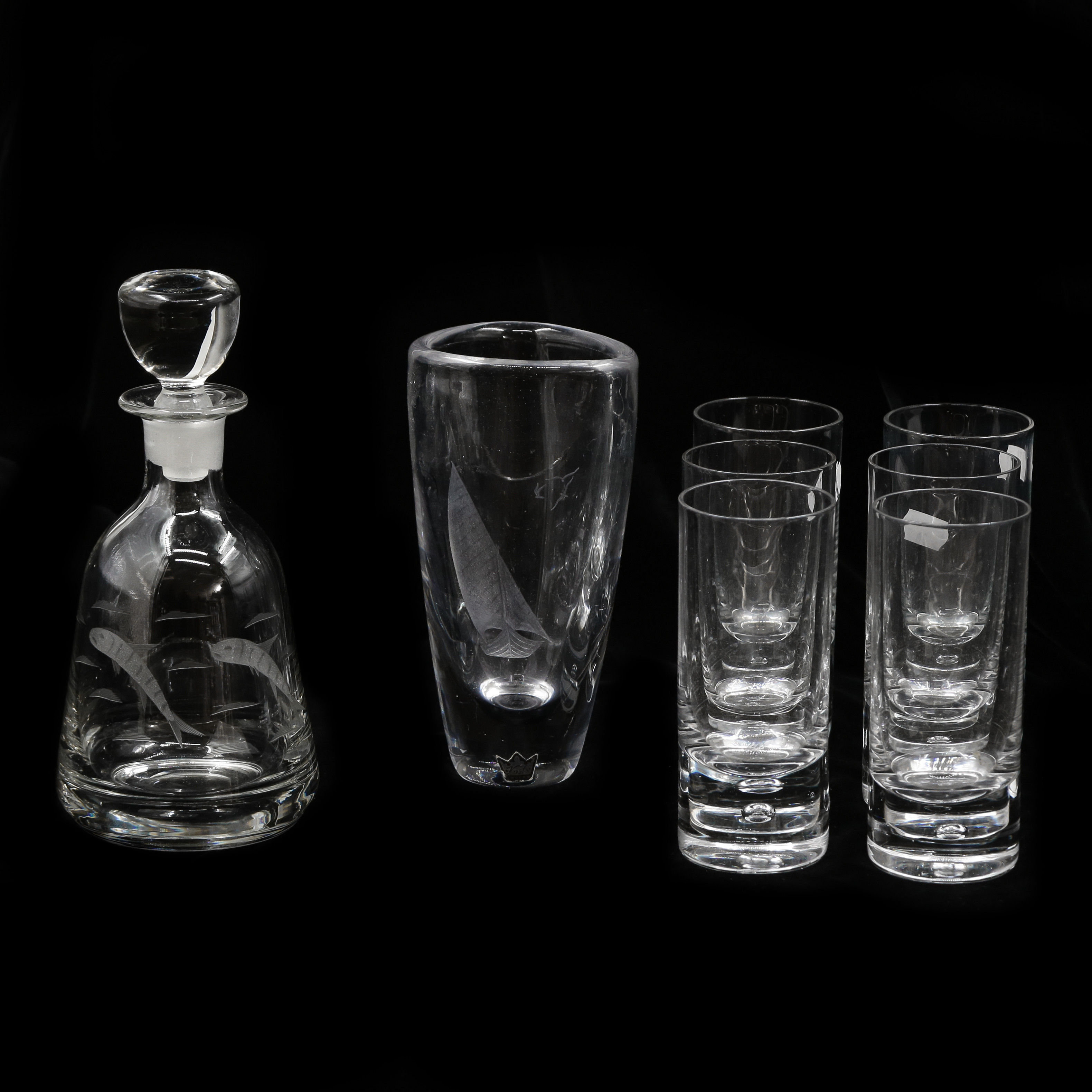 6 GLAS "PIPPI" WALTER HICKMAN KOSTA, VAS VICKE LINDSTRAND KOSTA SAMT KARAFF BERGDALA GLASBRUK.