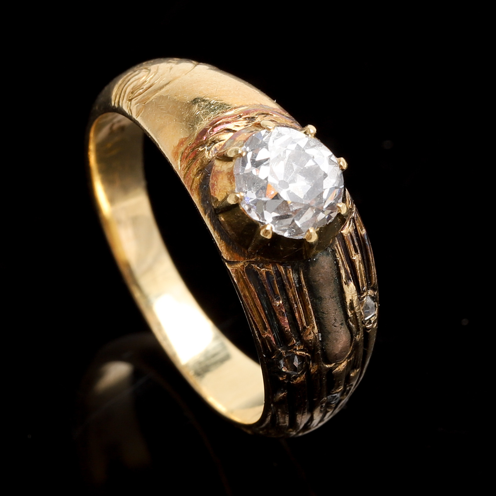 PEHR FREDRIK PALMGREN, RING, 18 k guld med gammalslipad diamant ca 0,75 ct samt rosenslipade diamanter. Stockholm 1854. Vikt ca 7 gram.