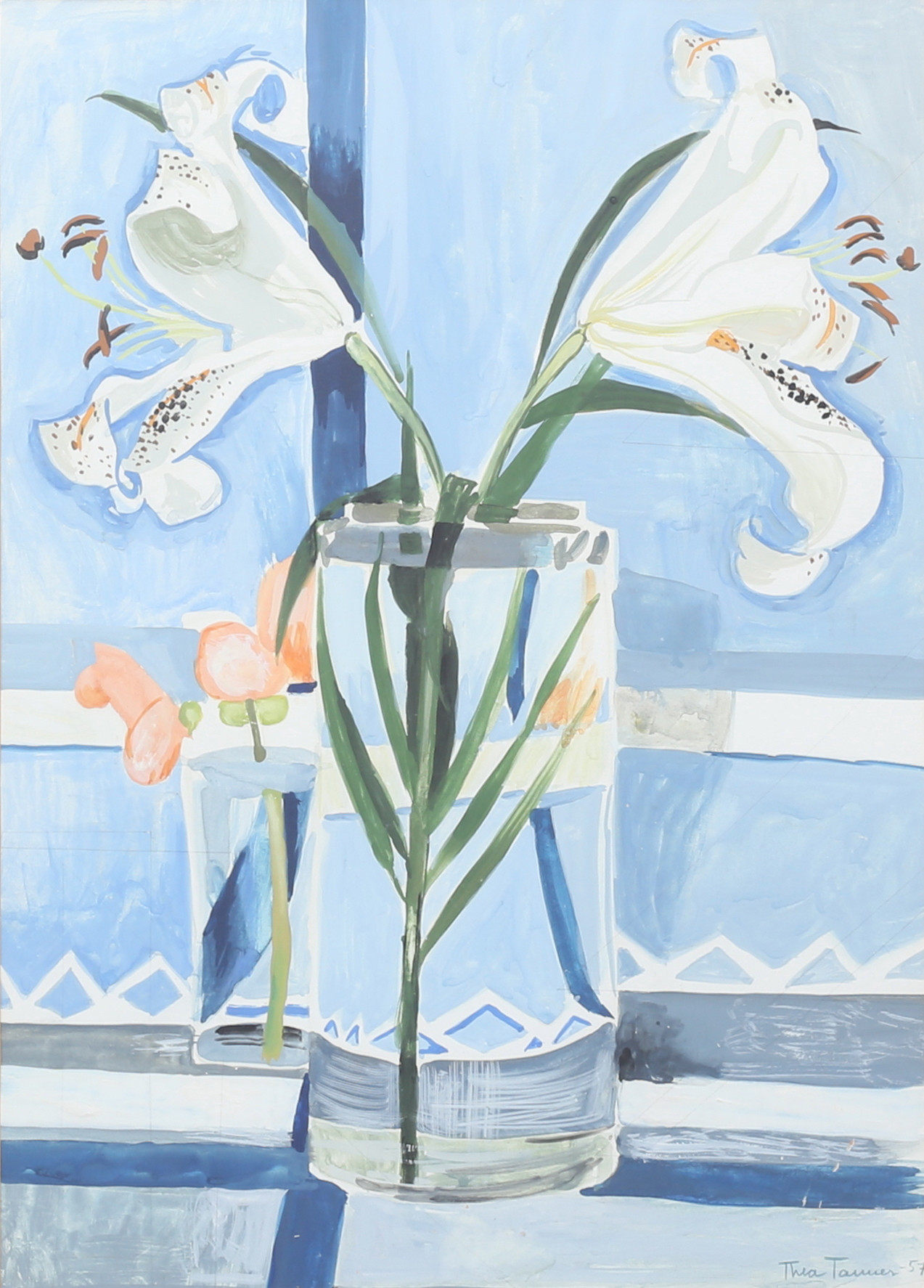 THEA TANNER. (Göteborg 1920-2019) Liljor i vas, akvarell, signerad, daterad -57.