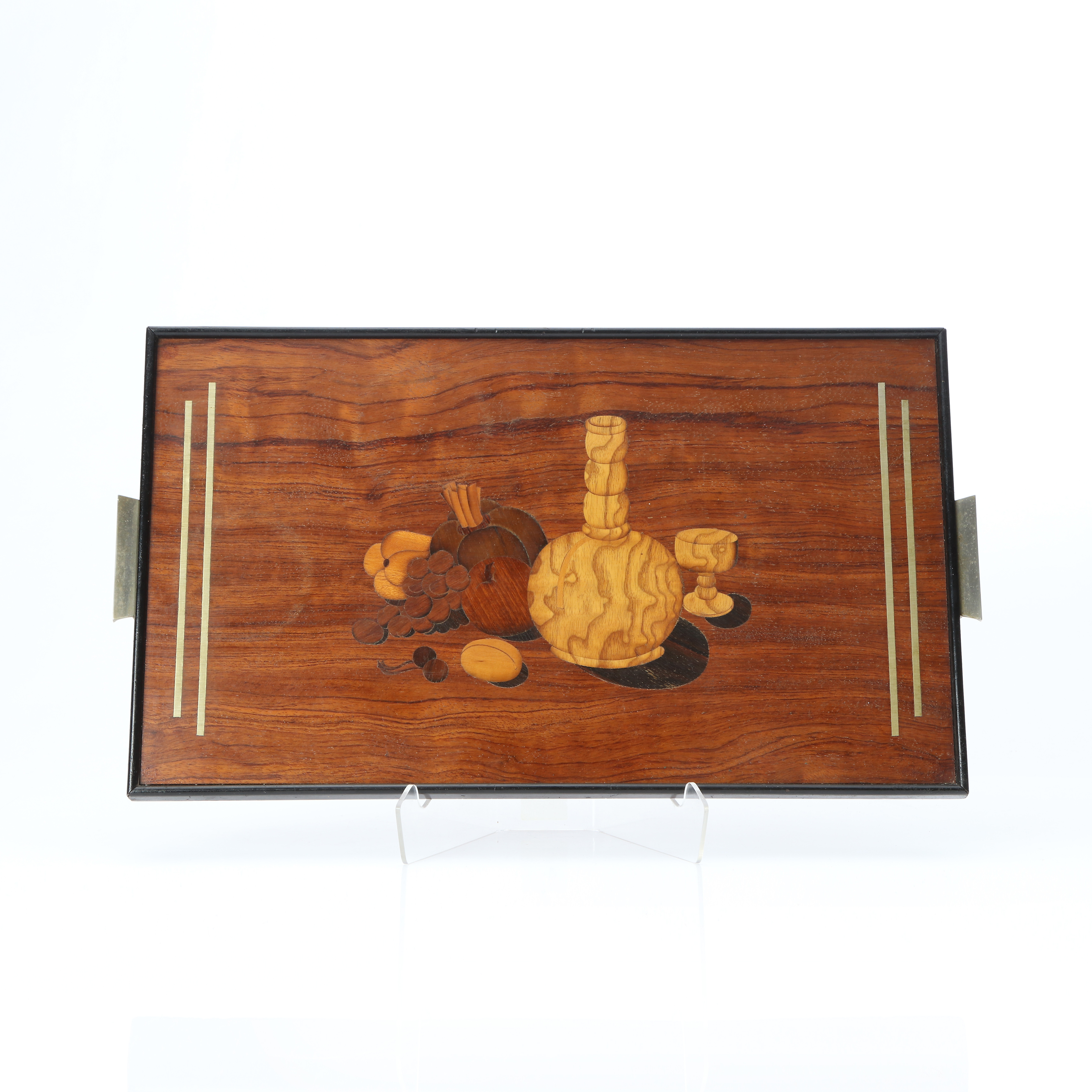 SERVERINGSBRICKA. Teak med intarsiadekor och metallinläggningar. Art Deco, 1920/30-tal.