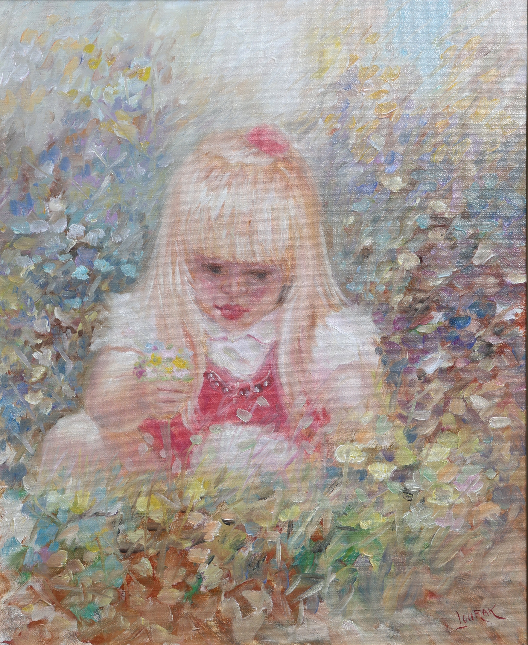 CHIGER LOURAK. "Flicka plockar blommor", olja på duk, signerad Lourak.
