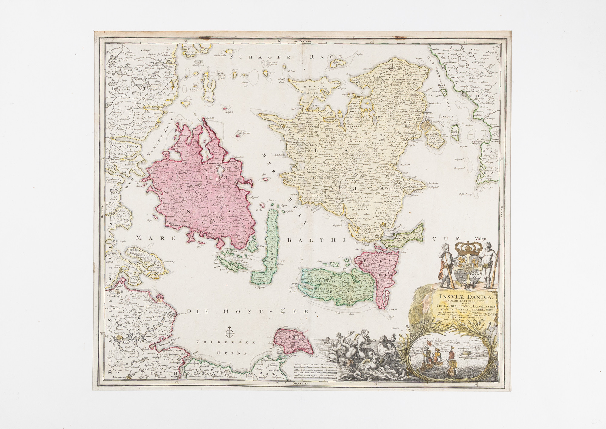 JOHANN BAPTISTA HOMANN. Kopparstick, delvis kolorerat, “Insvlae Danicae...” 1720.