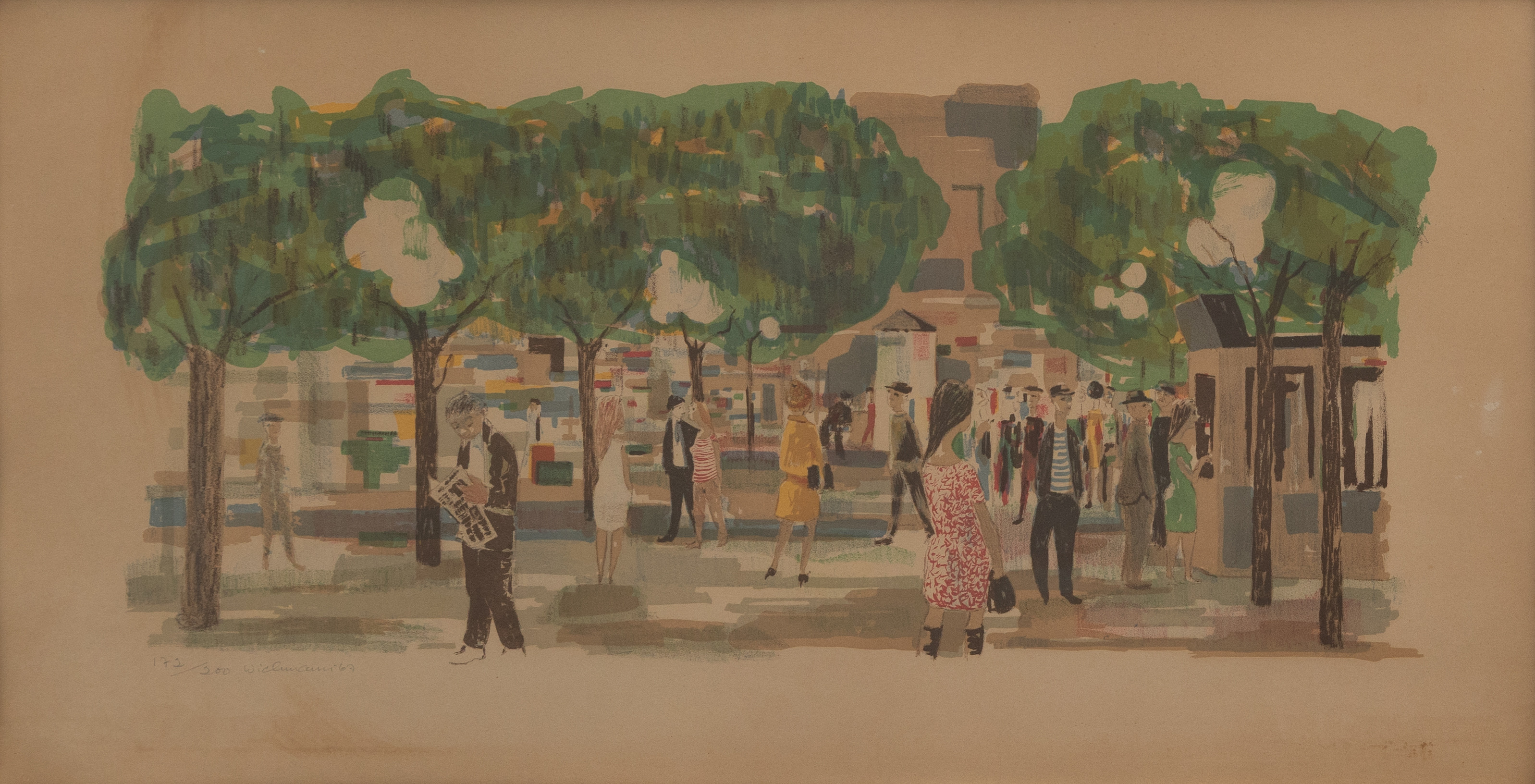 HARRY WICHMANN. Flanörer på kungsträdgården, litografi nr 172/200, signerad och daterad -67.