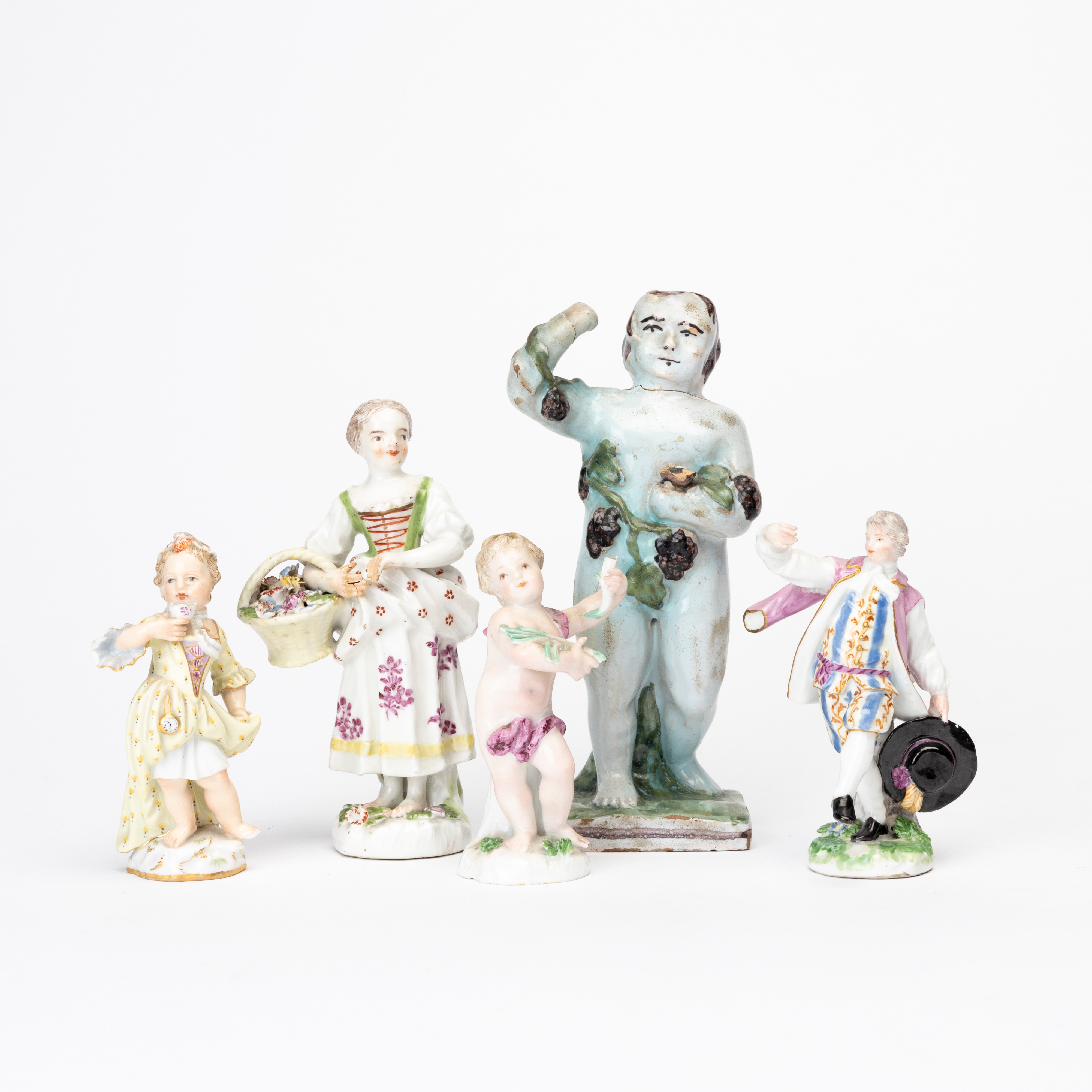 FIGURINER, 5 st, porslin, bl.a. Meissen, 1700-tal.