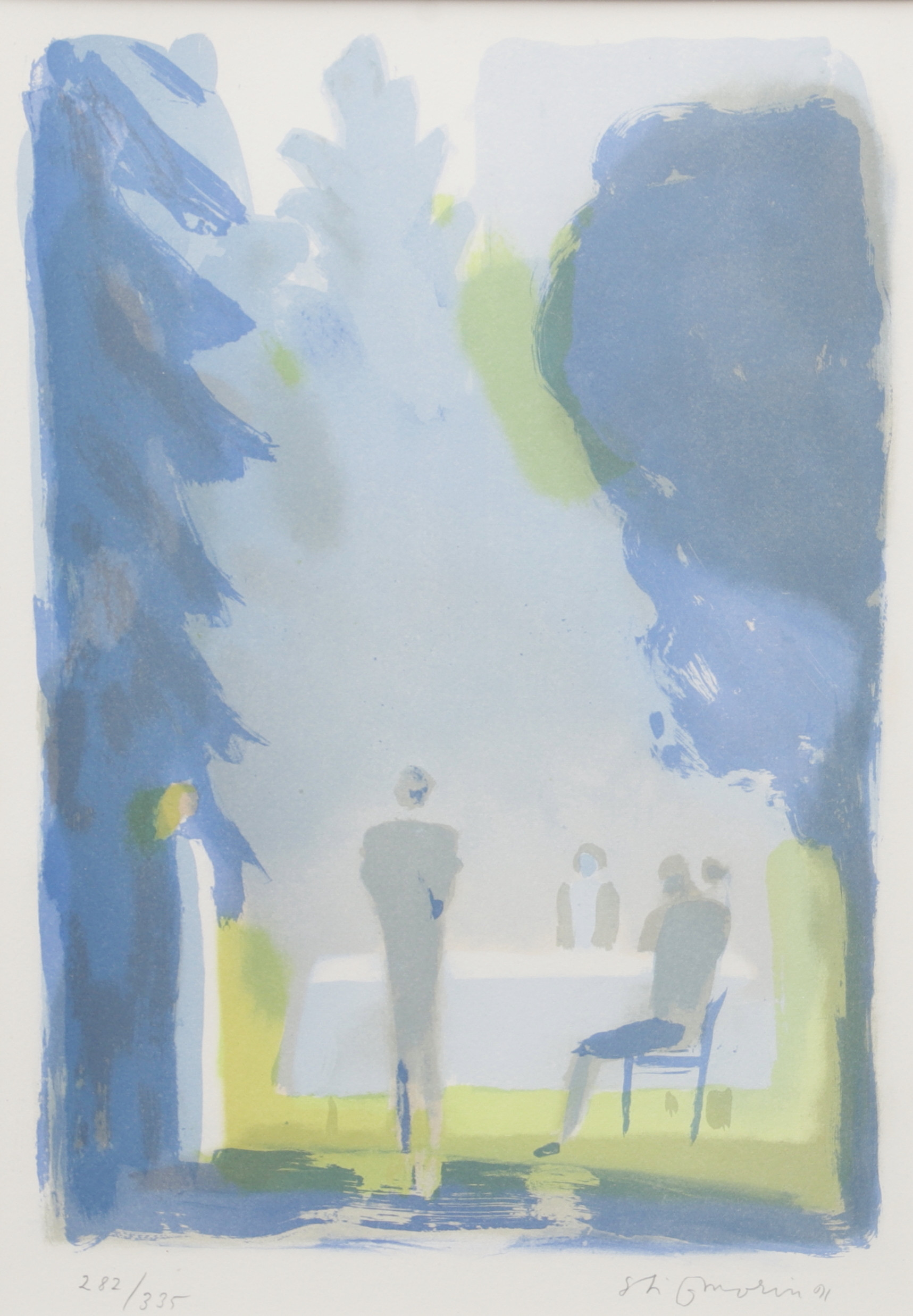 STIG MORIN. Figurer i trädgård, färglitografi, signerad och daterad 91, numrerad 282/335.
