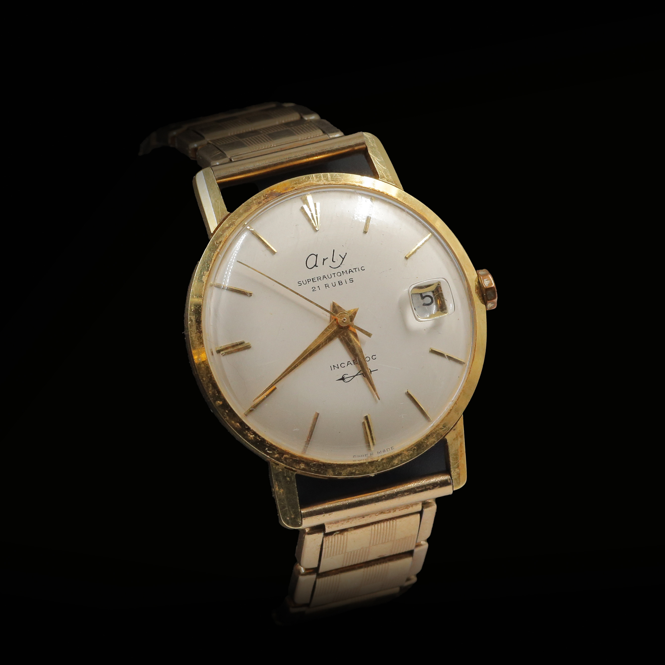 HERRARMBANDSUR, 18K GULD "ARLY" SUPERAUTOMATIC, 21 RUBIS, INCABLOC, 1960-TAL, ORIGINALASK.