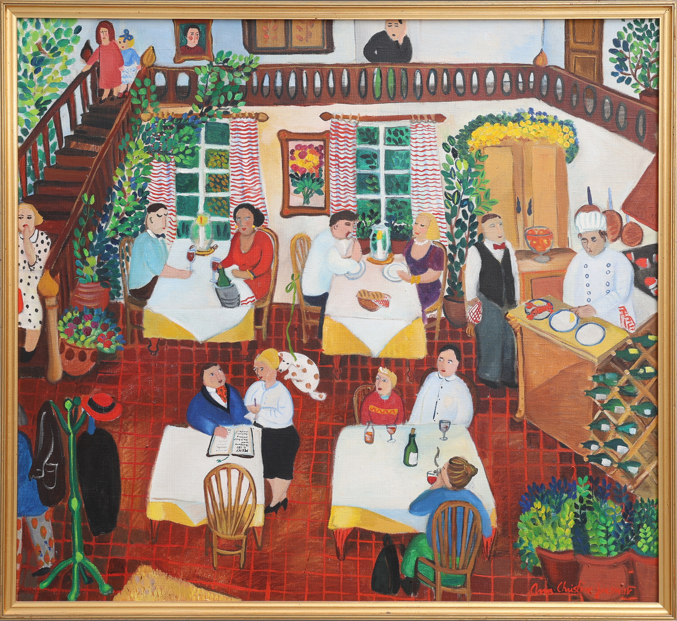 ANN-CHRISTINE JENSMAR 1954-. OLJA PÅ DUK, "PÅ RESTAURANG", SIGNERAD, O. 1990.