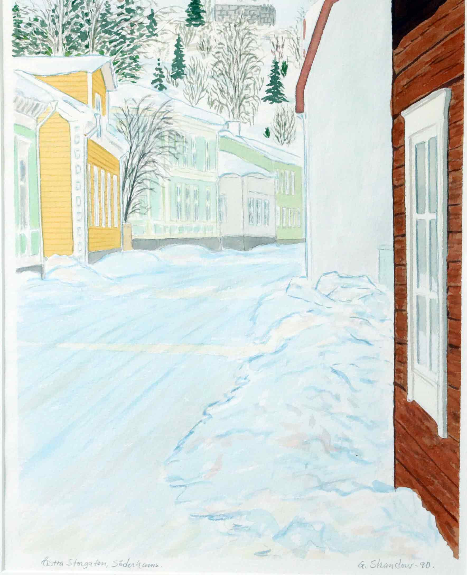 GÖRAN STRANDOW. akvarell, Vintermotiv, Östra Storgatan, Söderhamn, signerad, daterad 90.