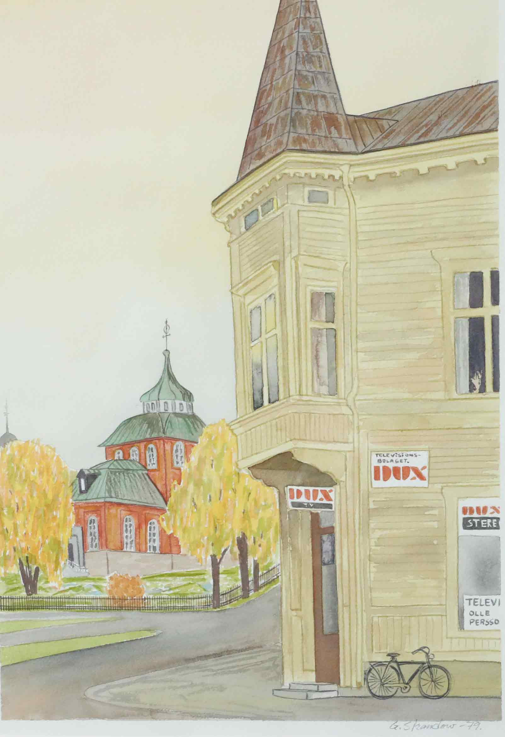 GÖRAN STRANDOW. Akvarell, Ulrika Eleonora kyrka, Söderhamn, signerad, daterad 79.