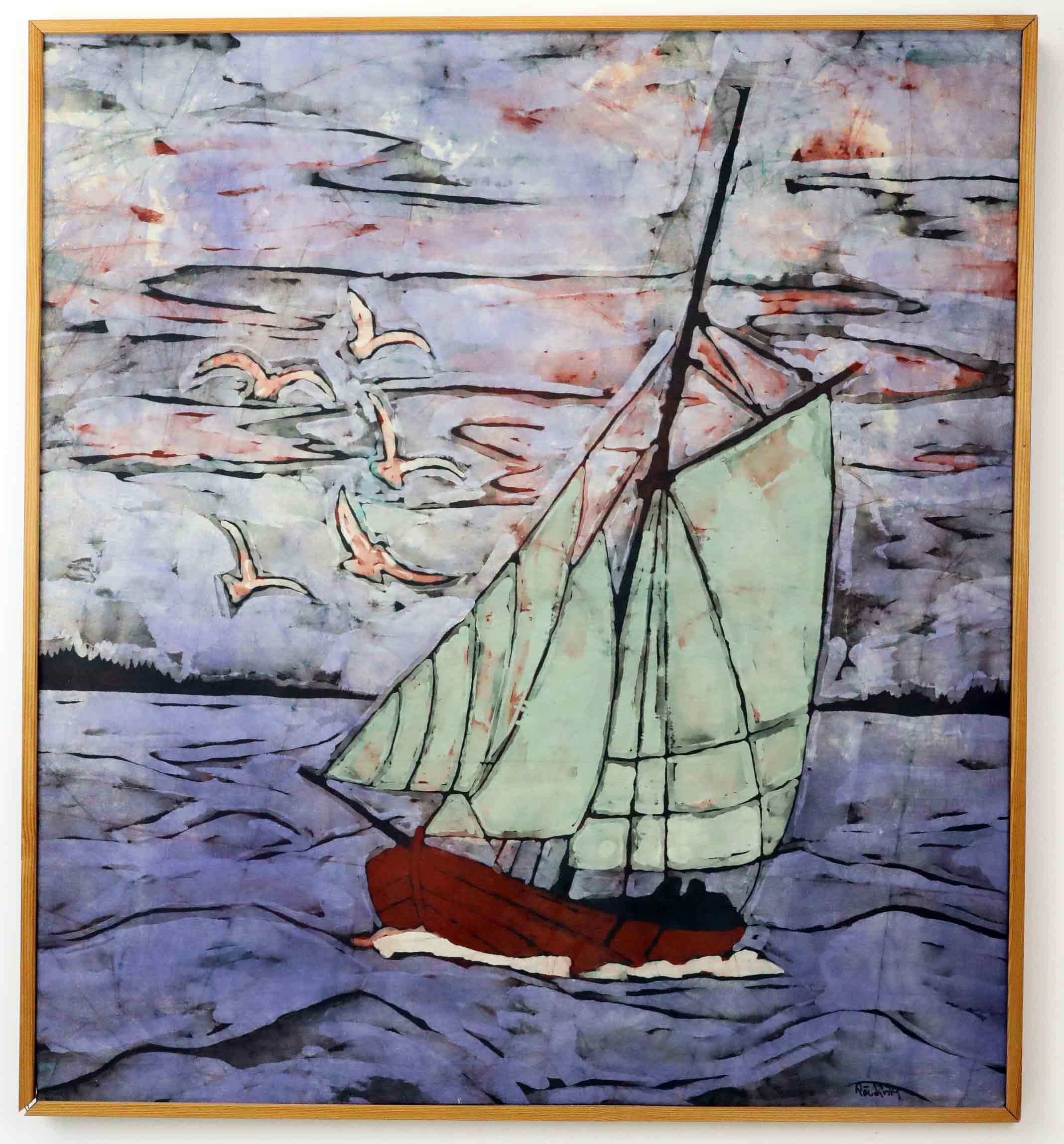 PÄR LJUSBERG. Batik, Segelbåt med måsar, signerad.