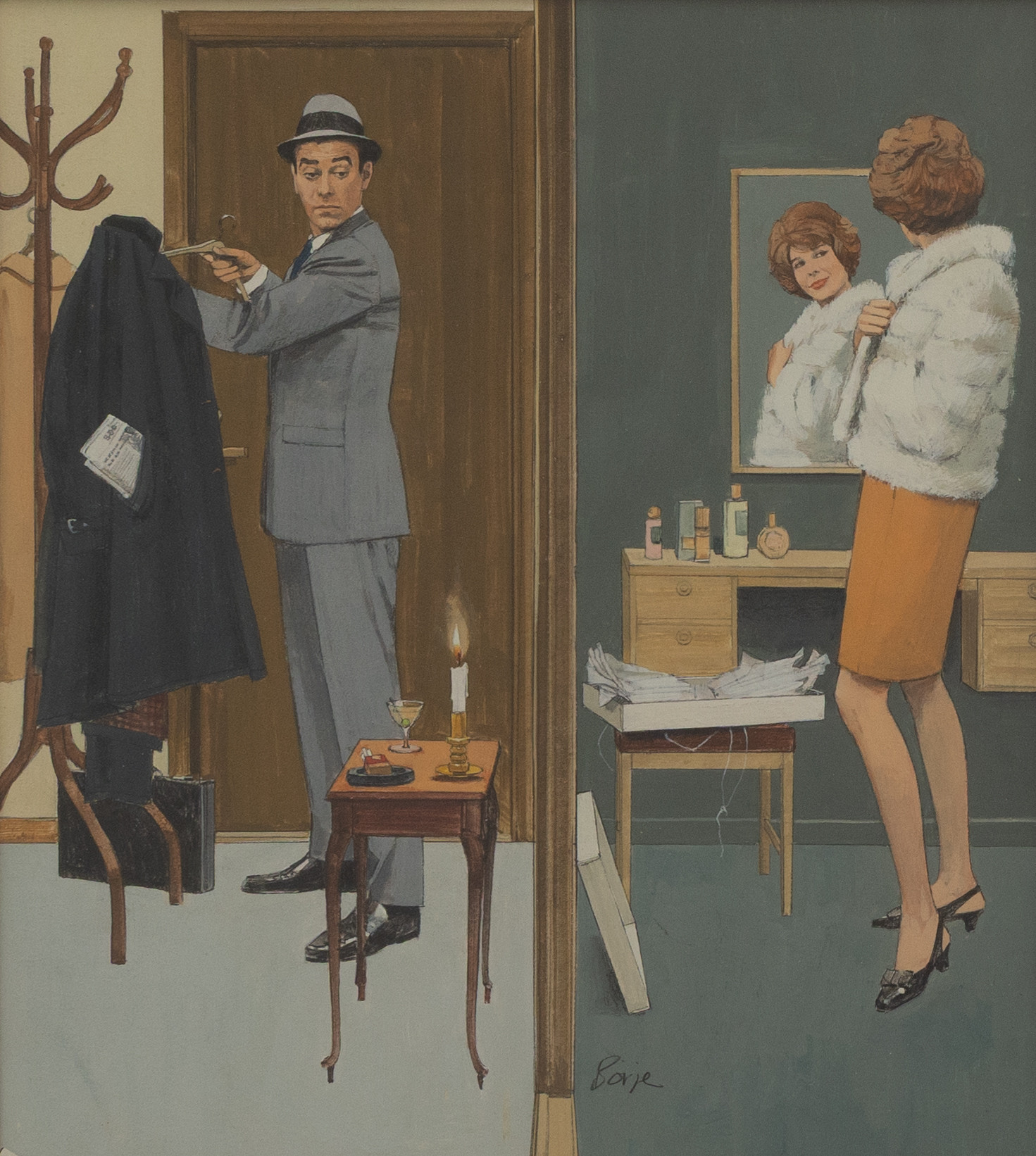 BÖRJE SVENSSON (FÖDD 1938). Kvinna framför spegel, blandteknik på papper, signerad Börje.
