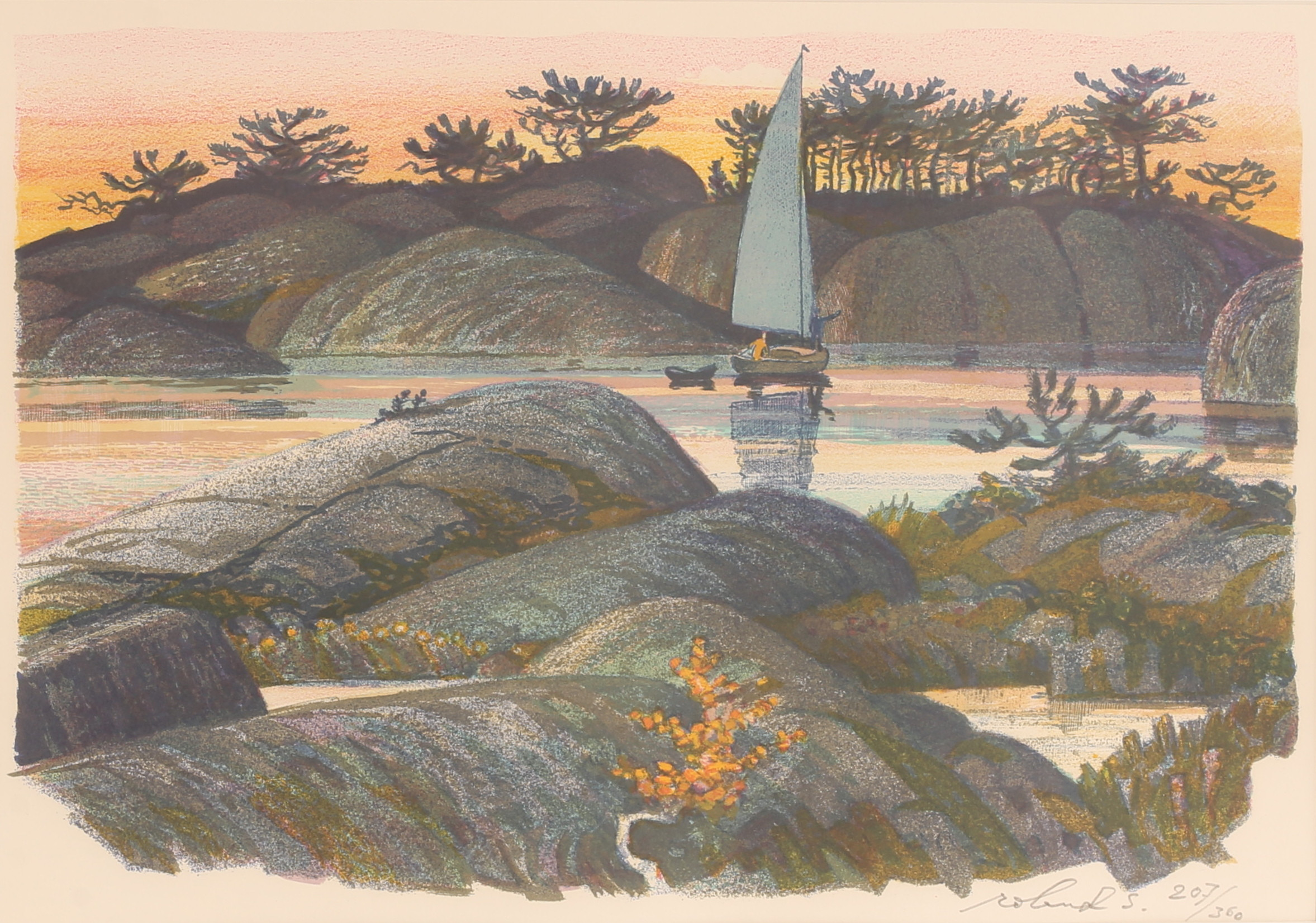 ROLAND SVENSSON. Färglitografi, " Blankt vatten och Nattblom" signerad, 207/360.