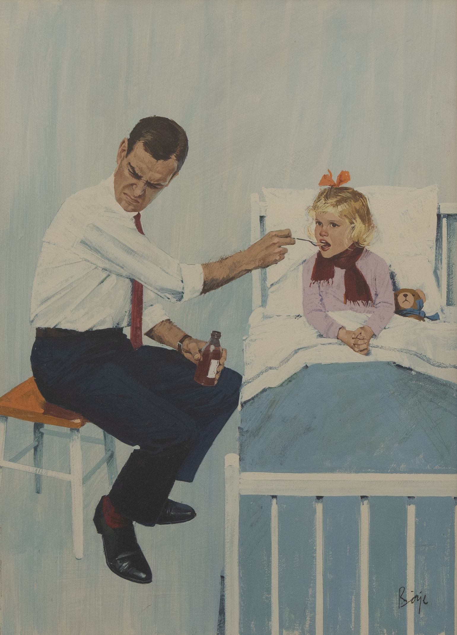 BÖRJE SVENSSON (FÖDD 1938). Flicka får hostmedicin, blandteknik på papper, signerad Börje.