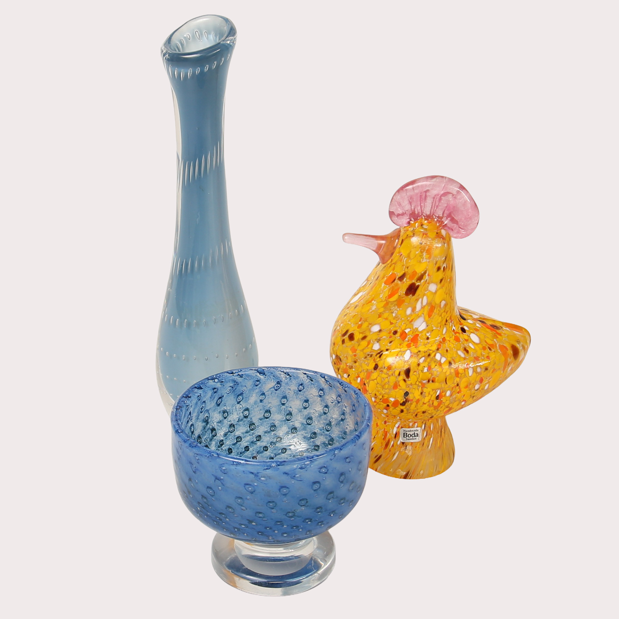 VAS, SKÅL, SKULPTUR, glas, Vicke Lindstrand, Bertil Vallien, Monica Backström, Kosta, 3 delar.