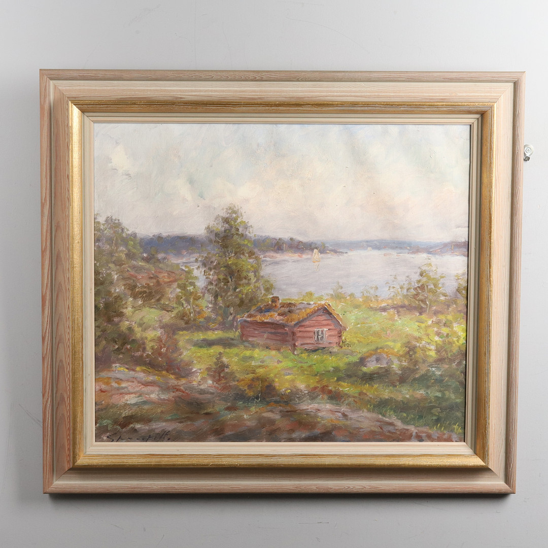 OIDENTIFIERAD KONSTNÄR. Olja på duk. "Röd stuga", signerad.