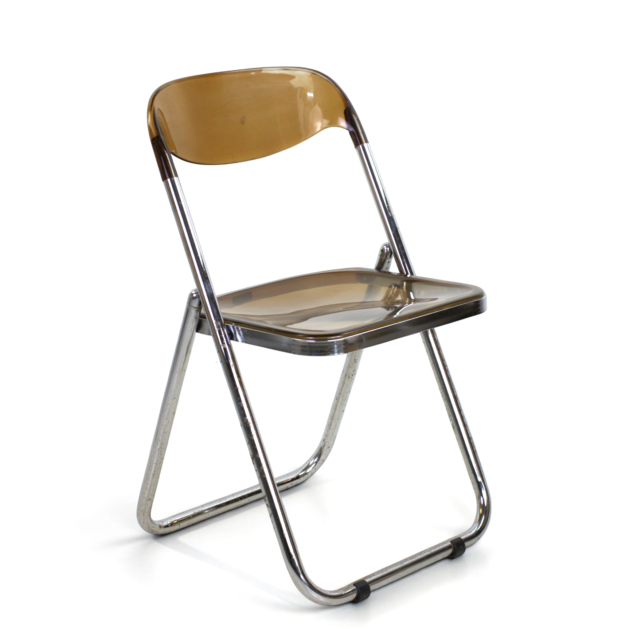 Stol, "Modello Depositato Italy", förkromad rörformig stålram, säte och ryggstöd av rökfärgat akrylglas, fällbar, etikettmärkt, Castelli, Italien, 1960-tal.