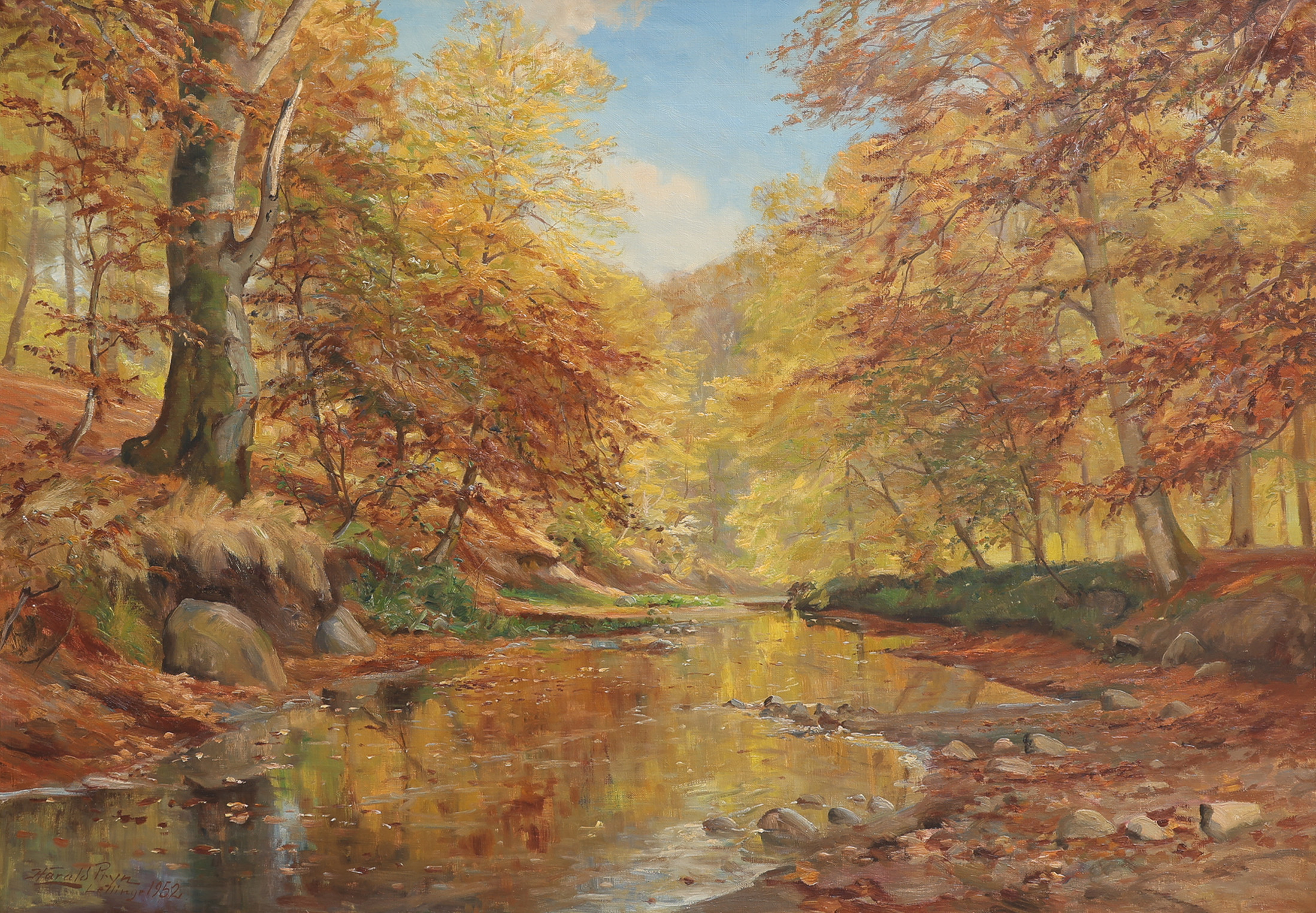 HARALD PRYN (1891-1968). OLJA PÅ DUK, MOTIV FRÅN LELLINGE SKOG PÅ SJÄLLAND, SIGNERAD & DATERAD 1952.