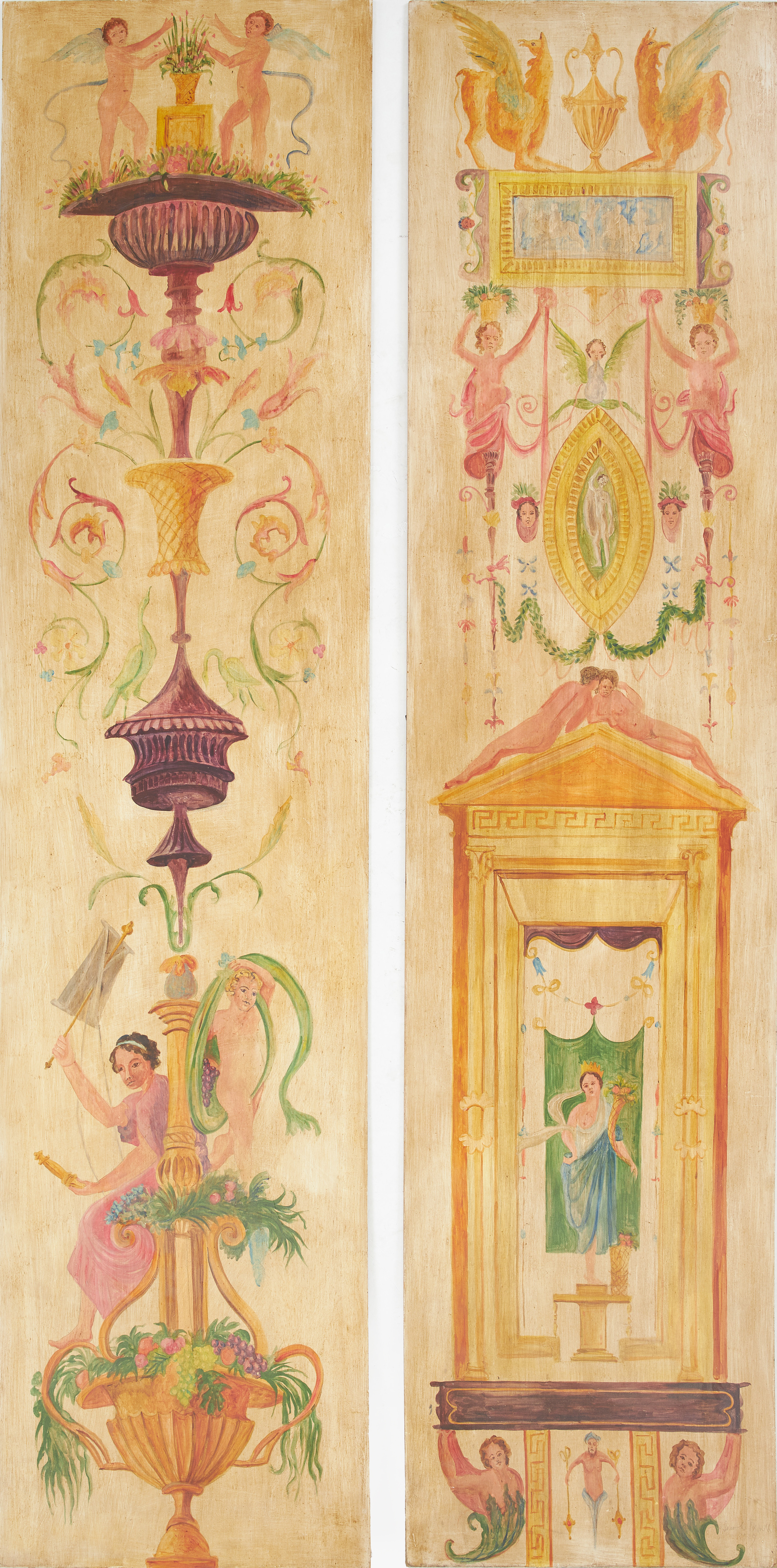 OIDENTIFIERAD KONSTNÄR. Paneler, 2 st, figurala motiv med änglar, akryl på MDF, signerad, daterad 1989.
