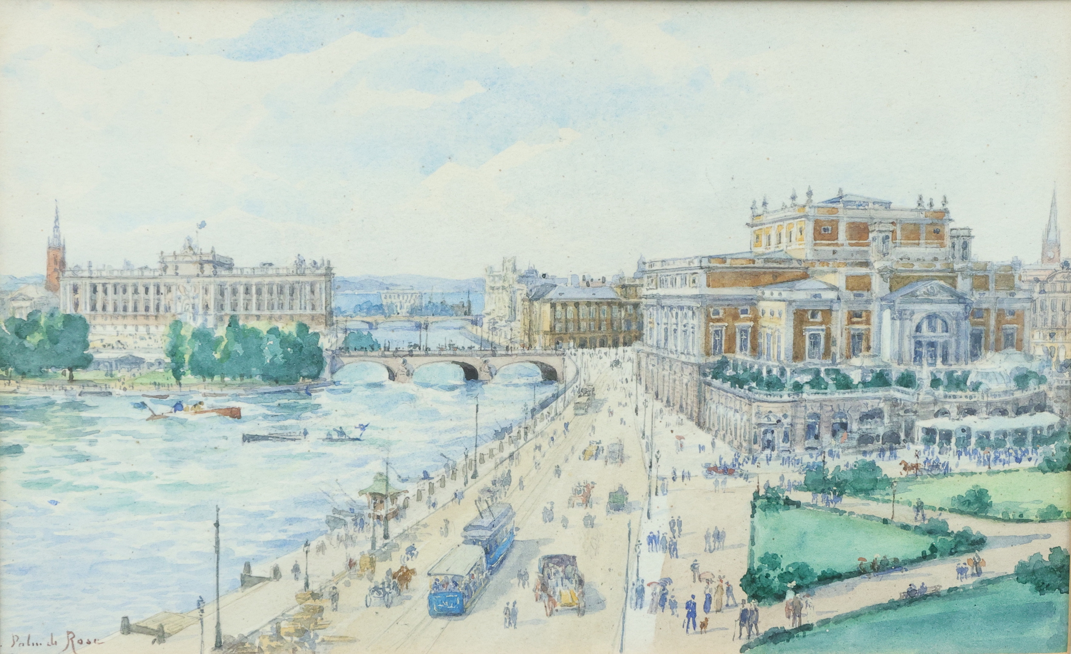 ANNA PALM DE ROSA. (Sverige, 1859-1924), akvarell, motiv från Stockholm, med bl.a. Operahuset.