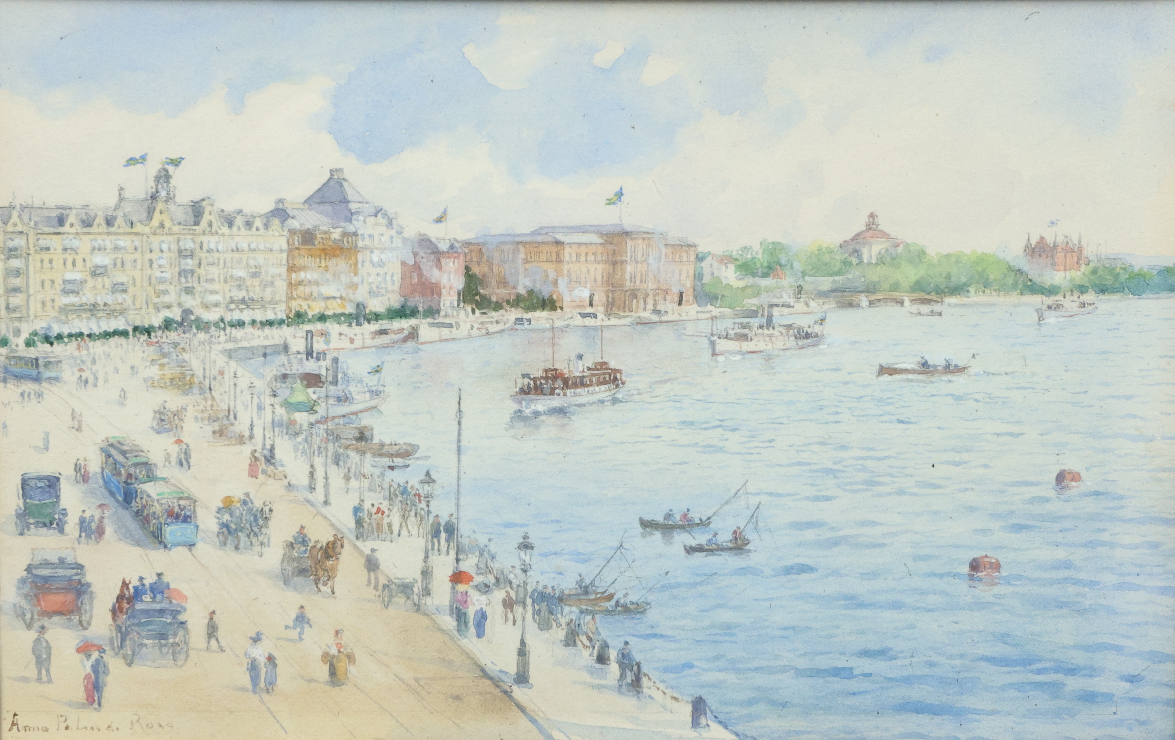 ANNA PALM DE ROSA. (Sverige, 1859-1924) akvarell, motiv från Stockholm, från Strömgatan mot Slottet och Blasieholmen.