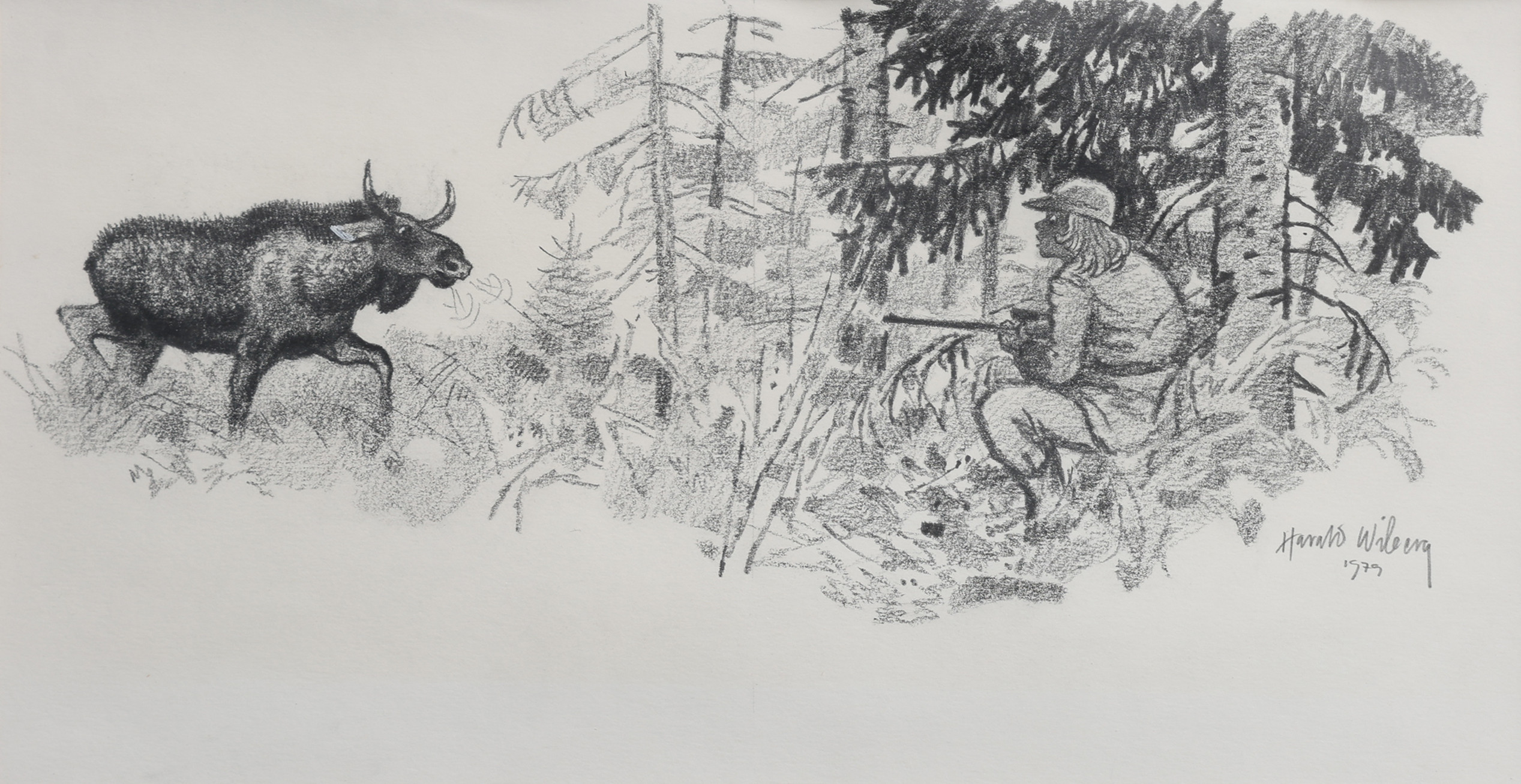 HARALD WIBERG. PENNTECKNING, JAKTMOTIV, SIGNERAD & DATERAD 1979.