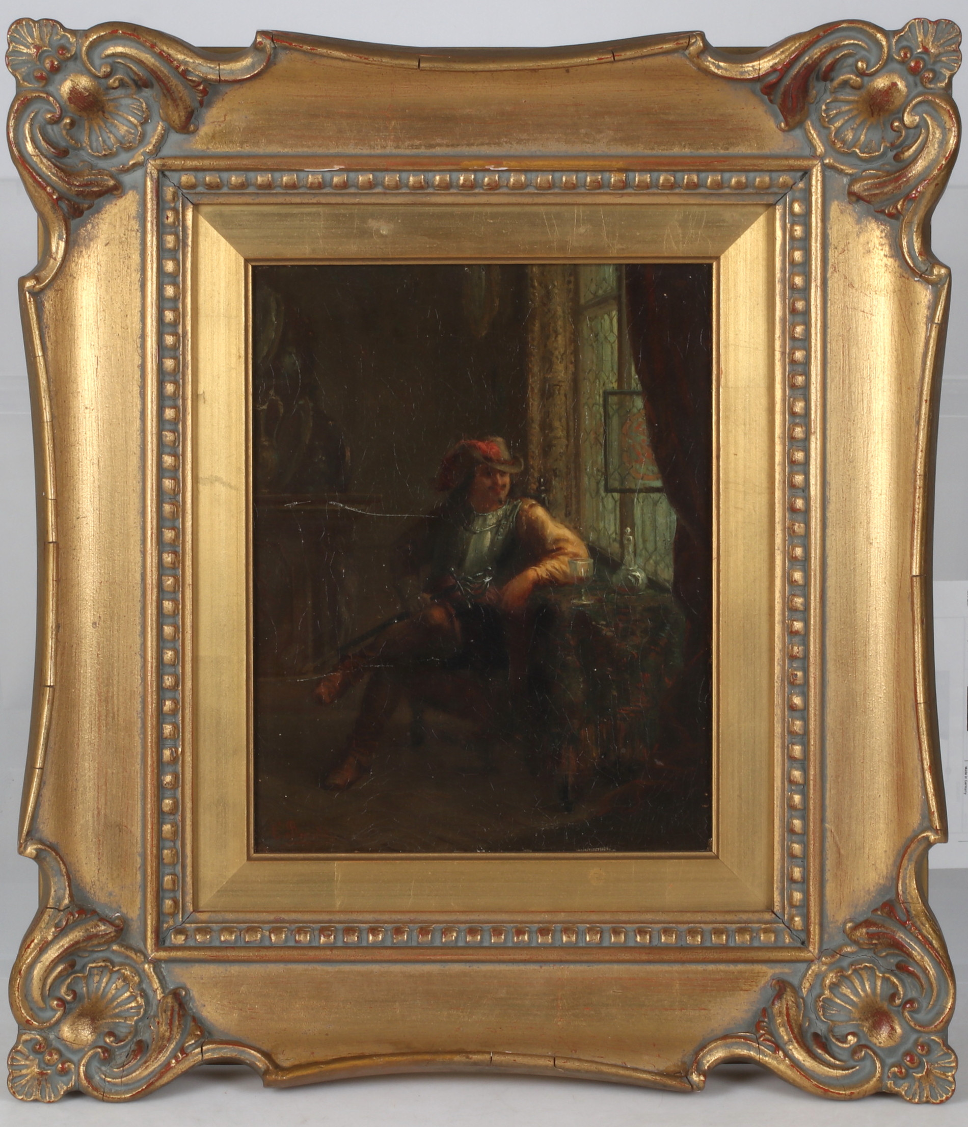ÉMILE BEMINDT. Soldat på värdshus, olja på pannå, signerad, 1800-tal.
